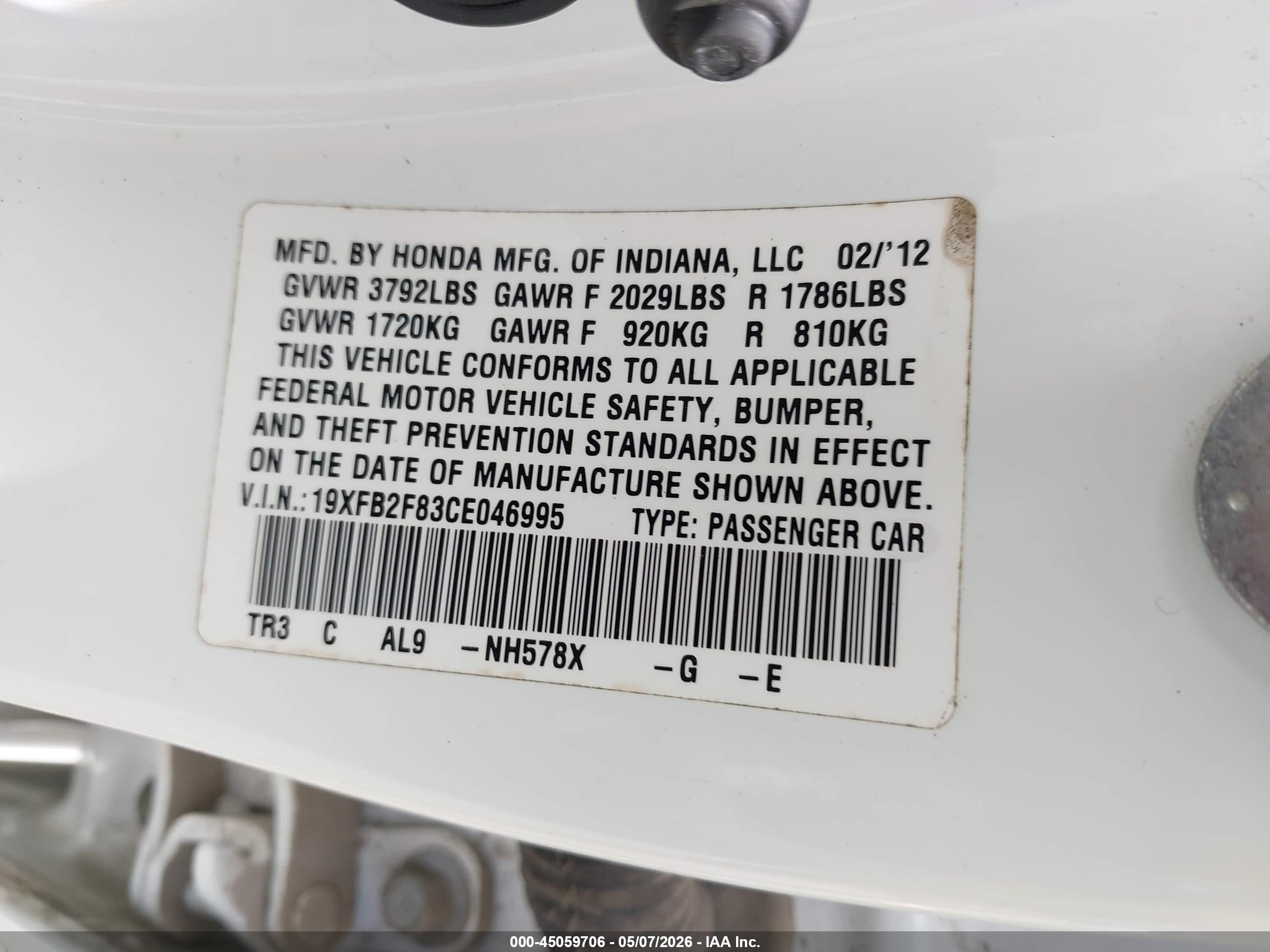 2012 Honda Civic Ex White vin: 19XFB2F83CE046995
