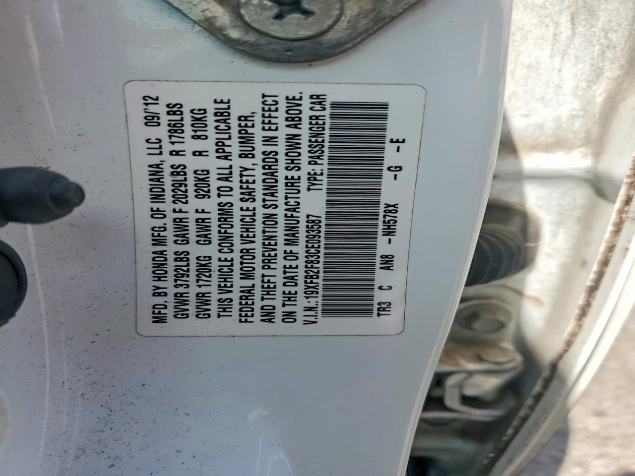2012 Honda Civic Ex Белый vin: 19XFB2F83CE093587