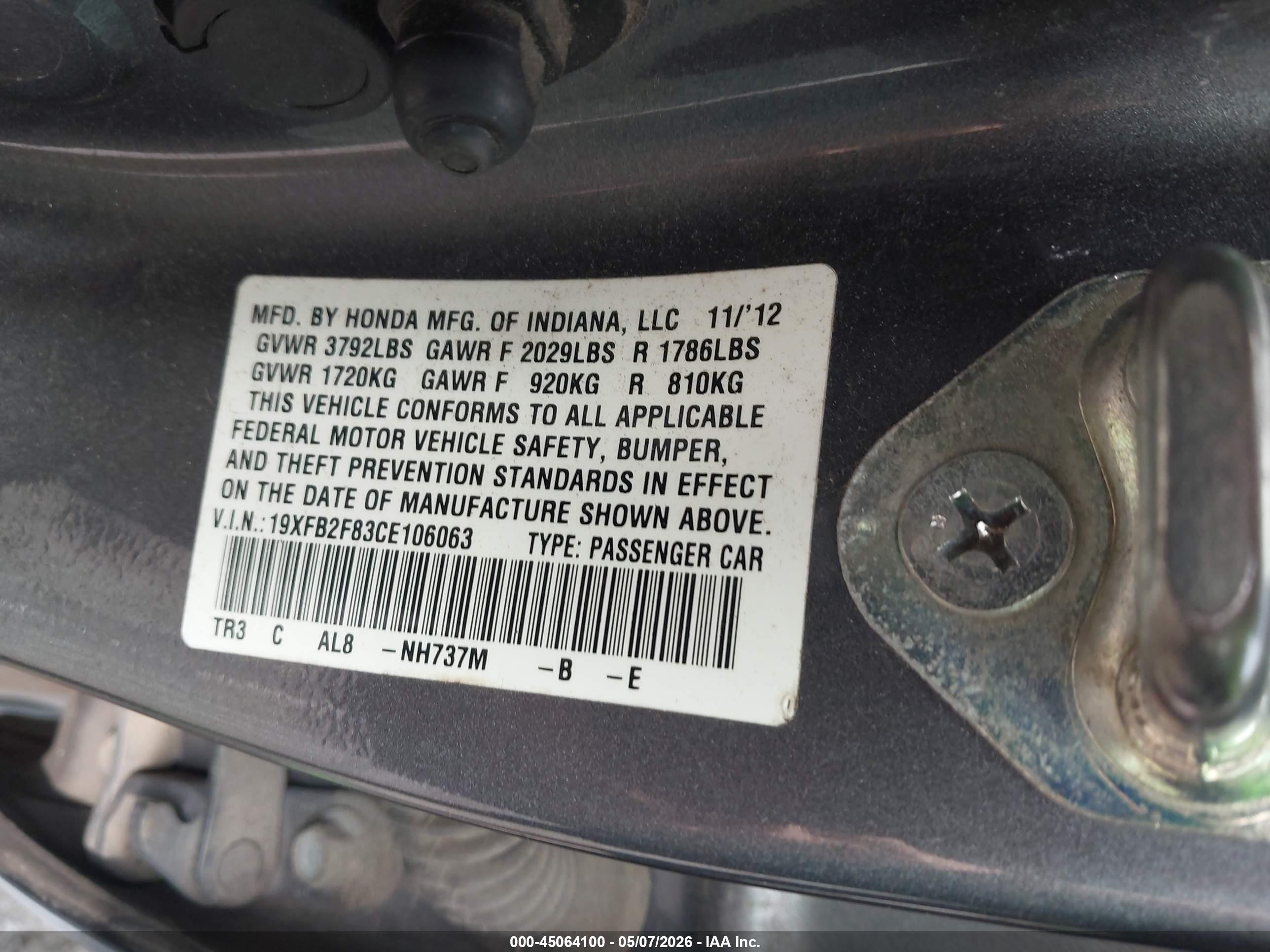 2012 Honda Civic Ex Gray vin: 19XFB2F83CE106063