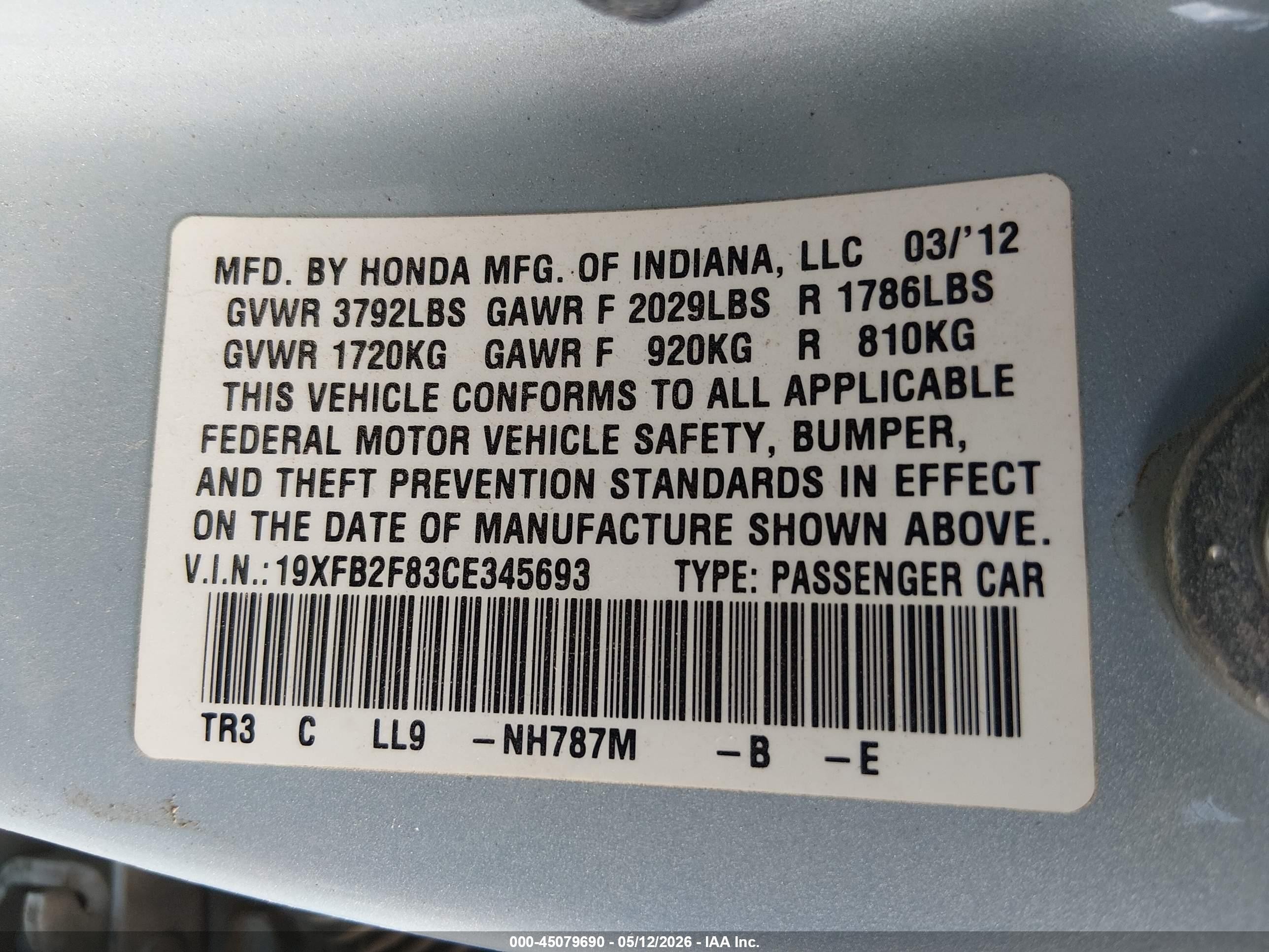 2012 Honda Civic Ex Light Blue vin: 19XFB2F83CE345693
