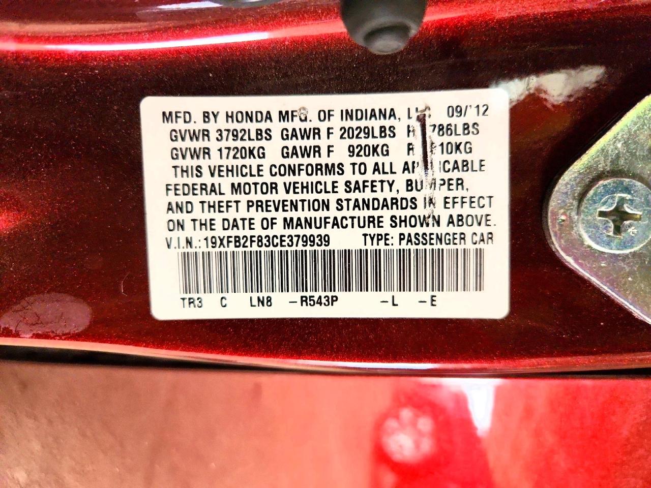 2012 Honda Civic Ex Burgundy vin: 19XFB2F83CE379939