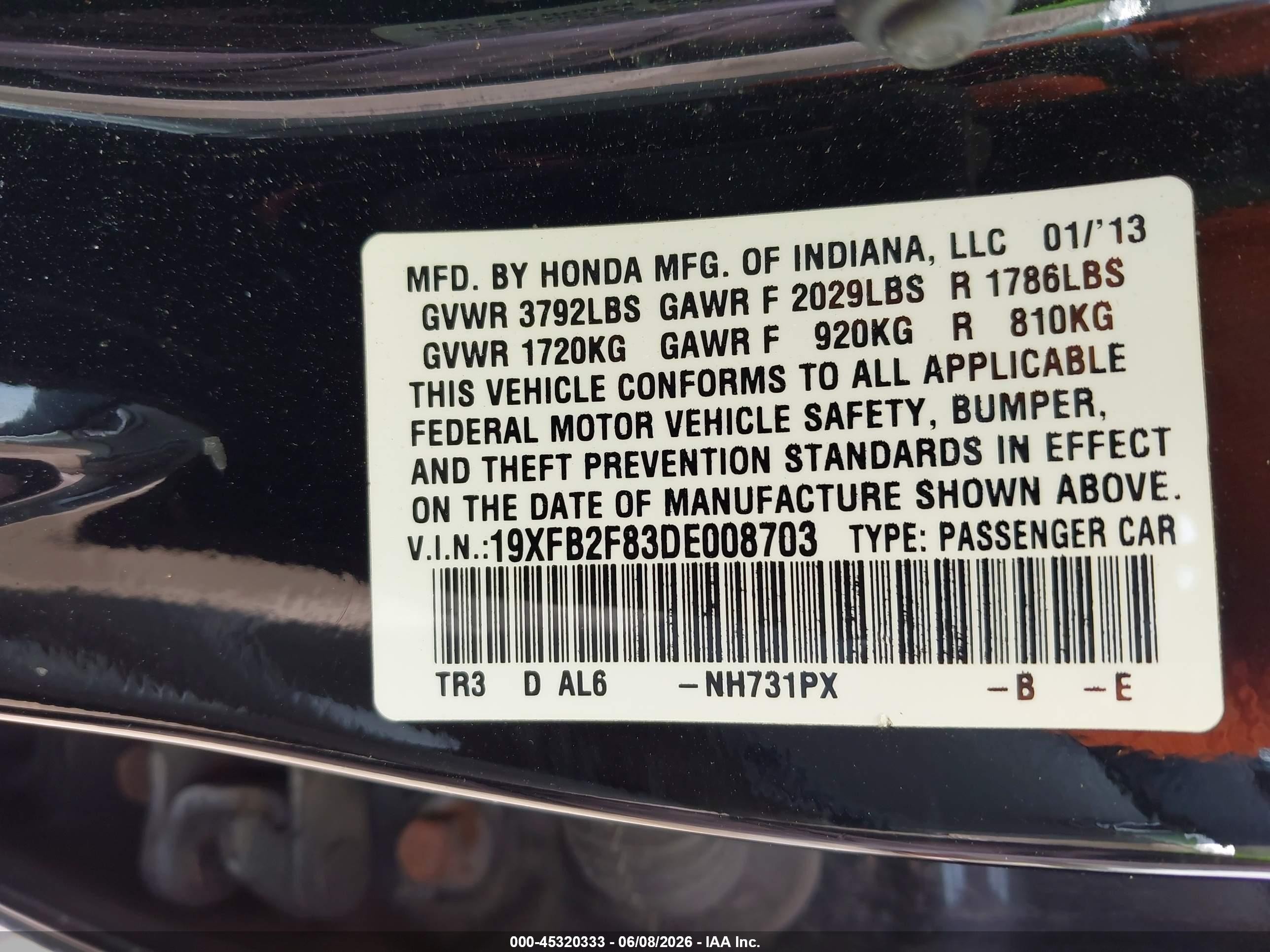 2013 Honda Civic Ex Black vin: 19XFB2F83DE008703