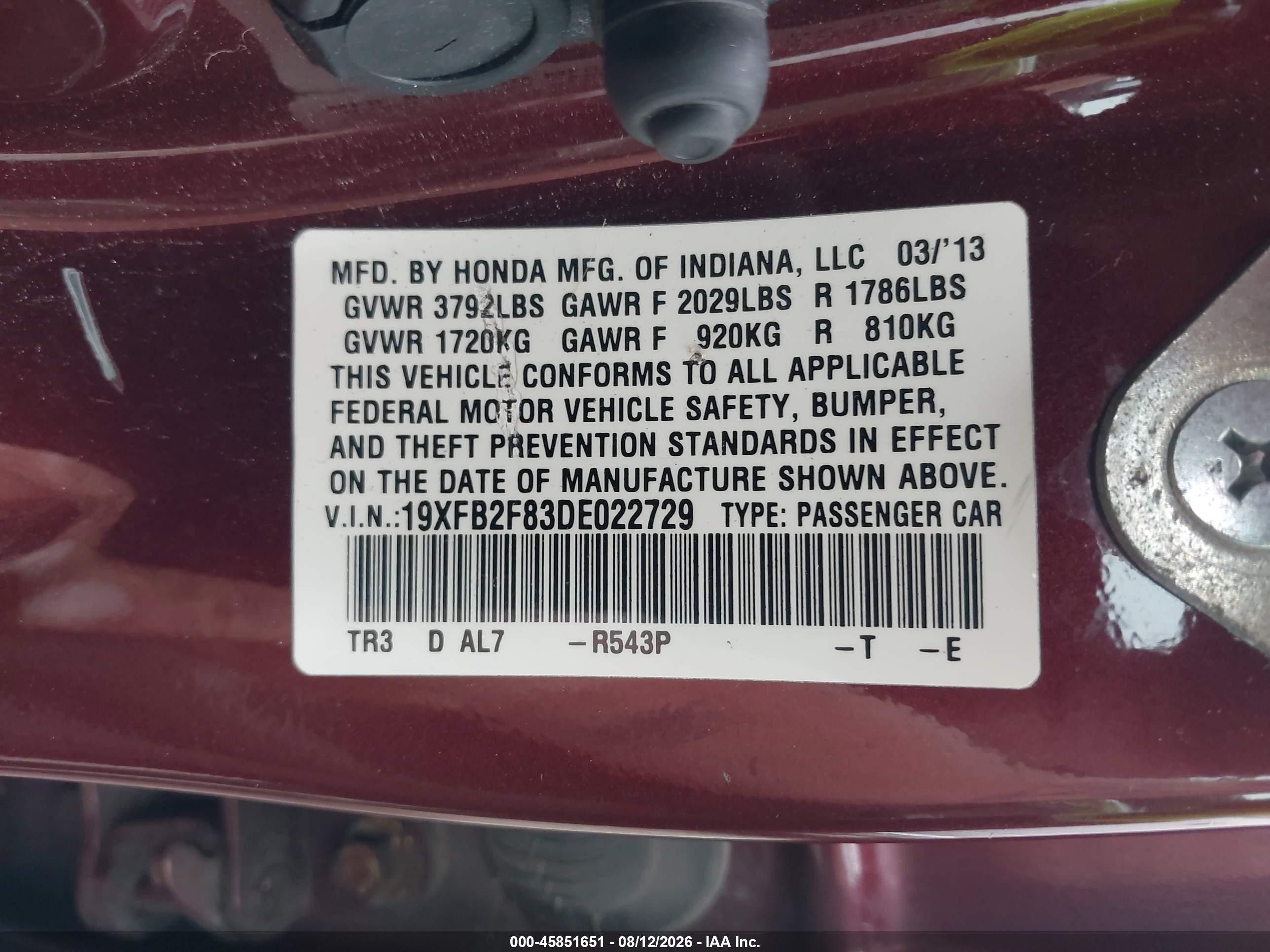 2013 Honda Civic Ex Burgundy vin: 19XFB2F83DE022729