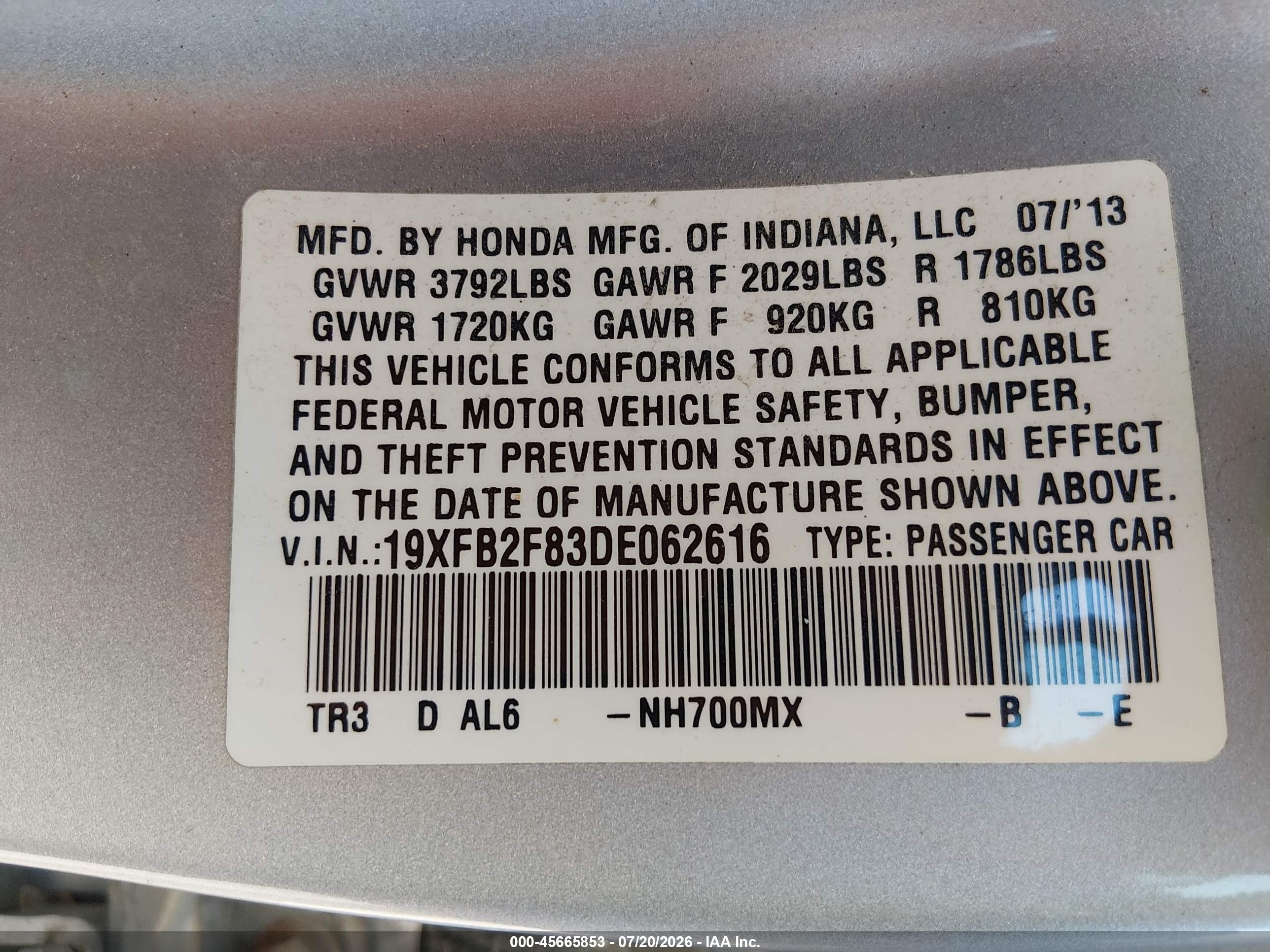 2013 Honda Civic Ex Silver vin: 19XFB2F83DE062616