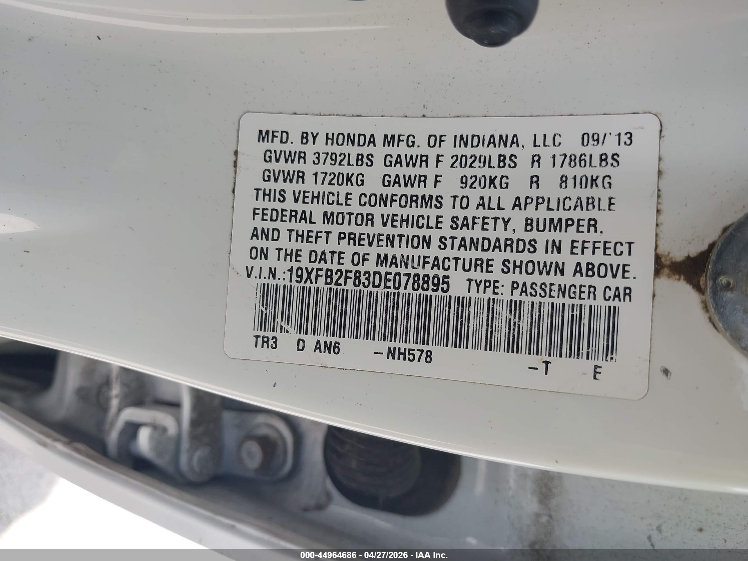 2013 Honda Civic Ex White vin: 19XFB2F83DE078895
