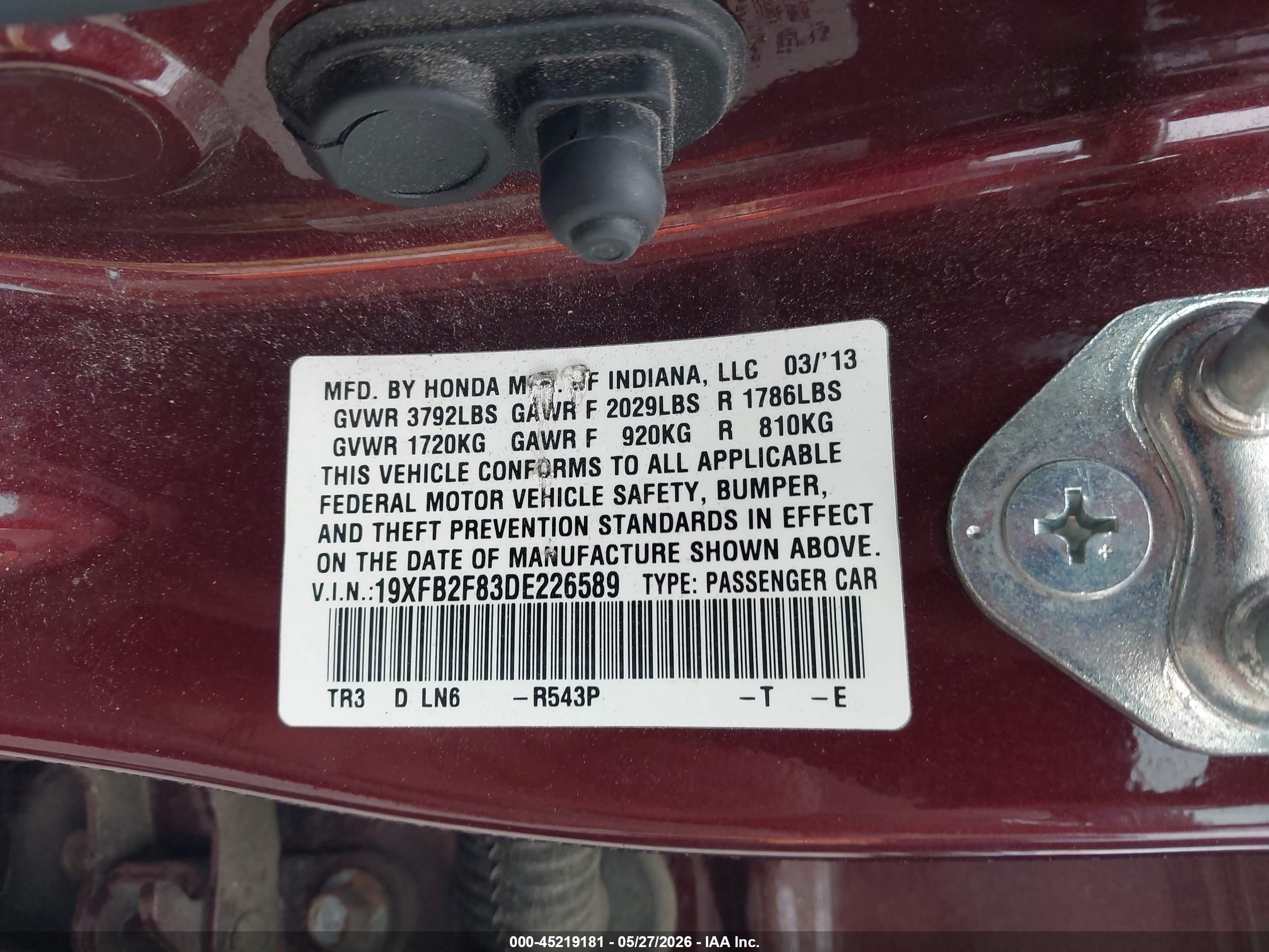 2013 Honda Civic Ex Maroon vin: 19XFB2F83DE226589