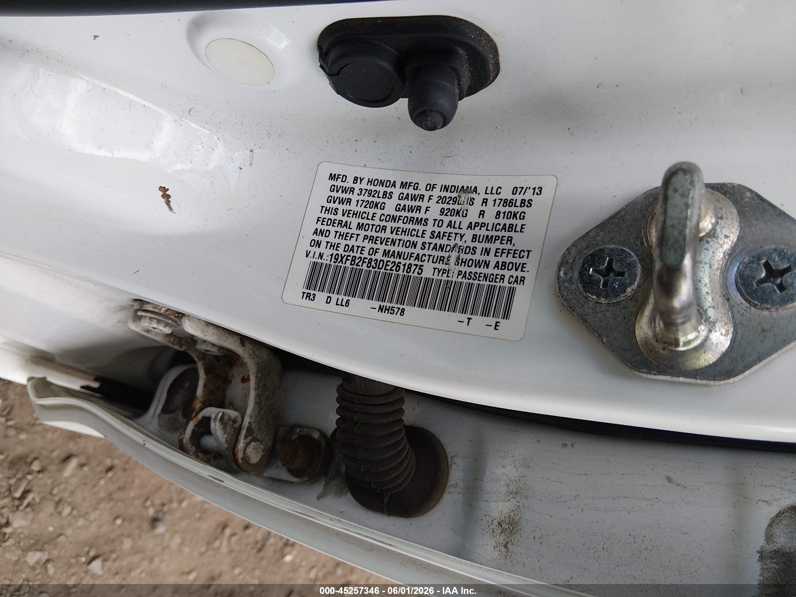 2013 Honda Civic Ex White vin: 19XFB2F83DE261875