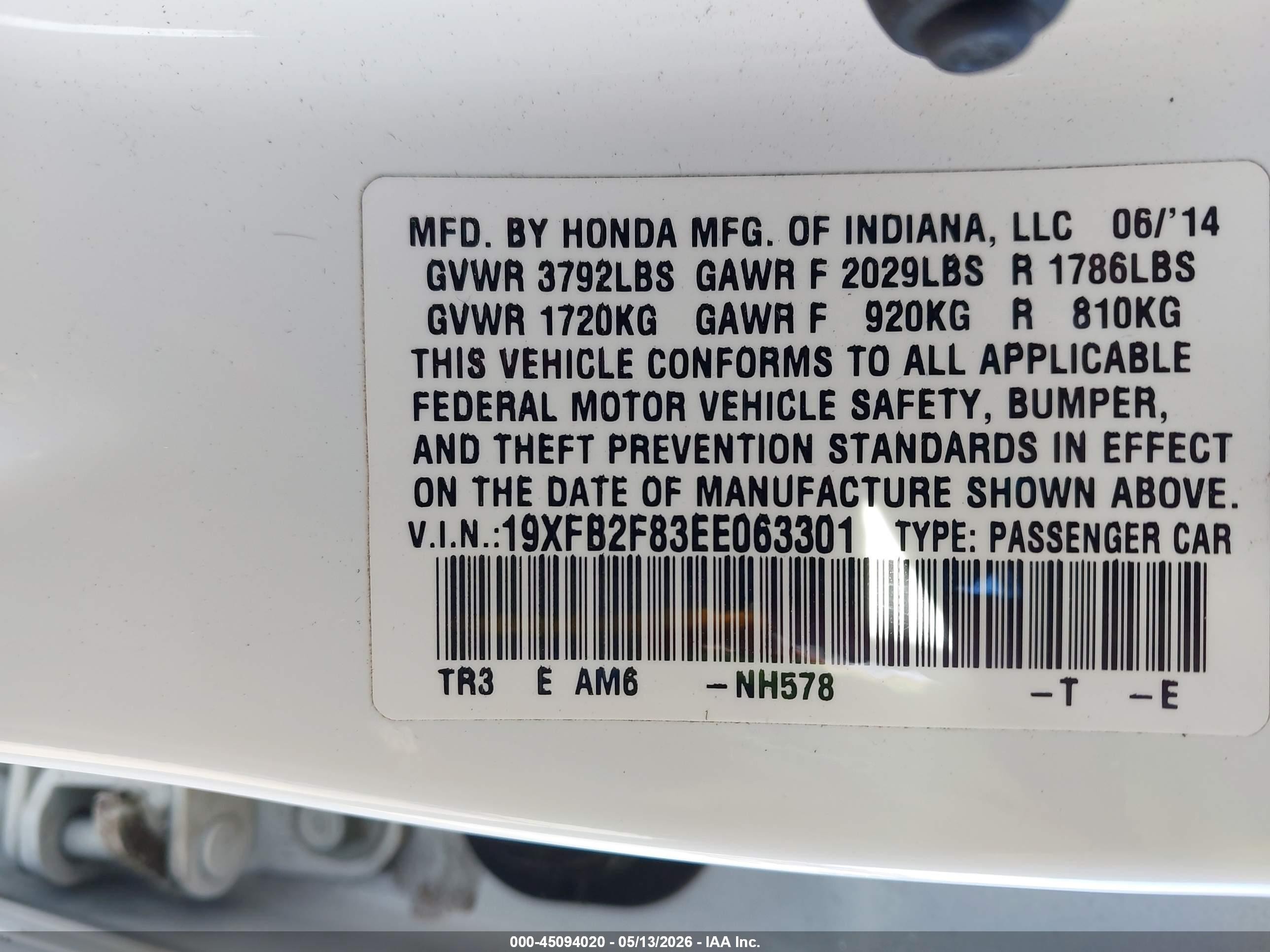 2014 Honda Civic Ex White vin: 19XFB2F83EE063301