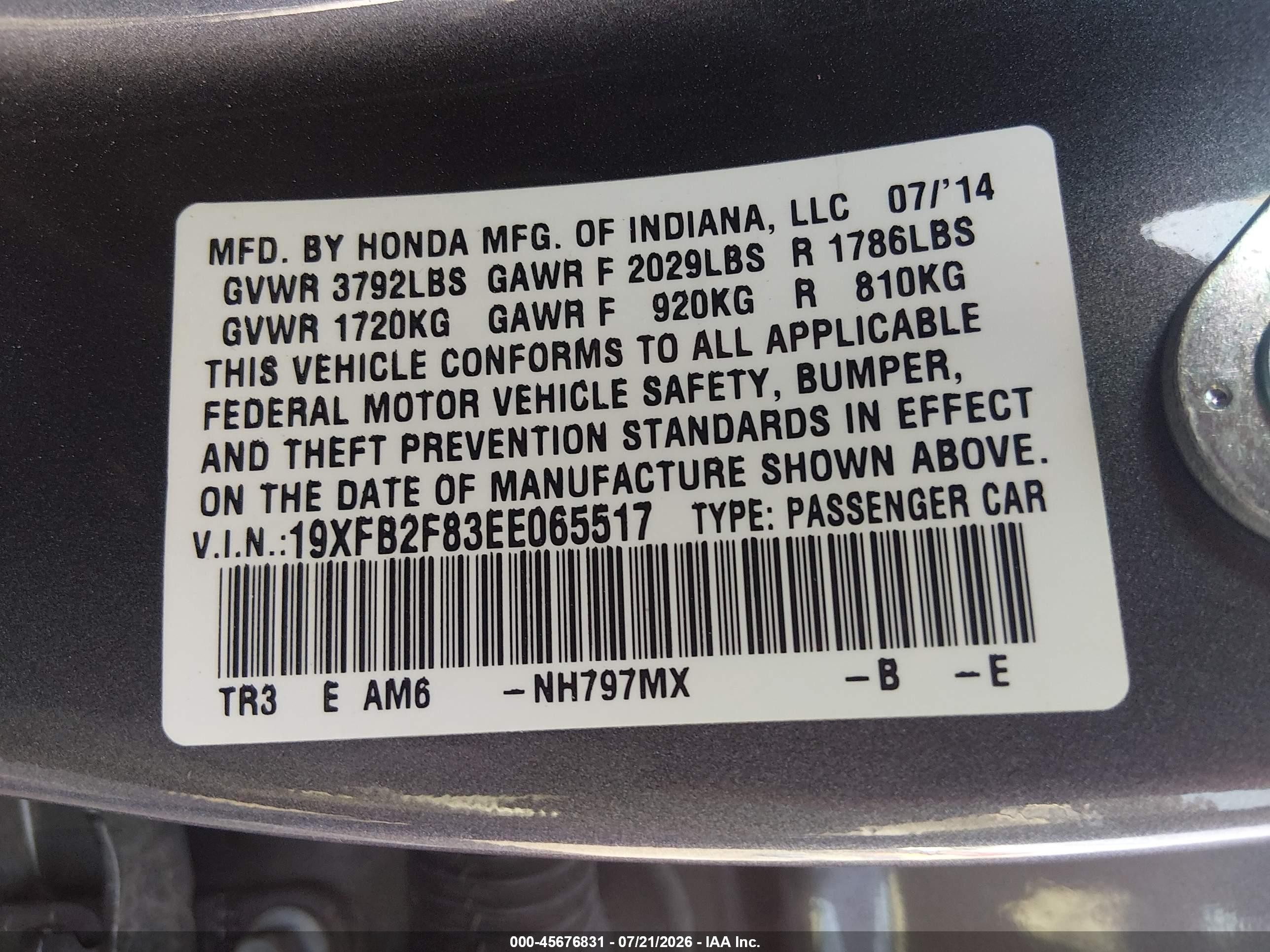 2014 Honda Civic Ex Gray vin: 19XFB2F83EE065517