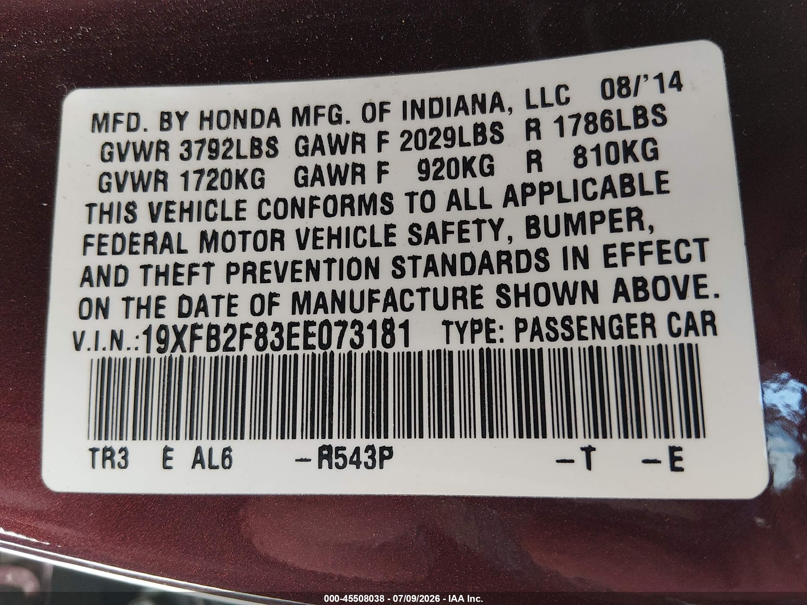 2014 Honda Civic Ex Maroon vin: 19XFB2F83EE073181