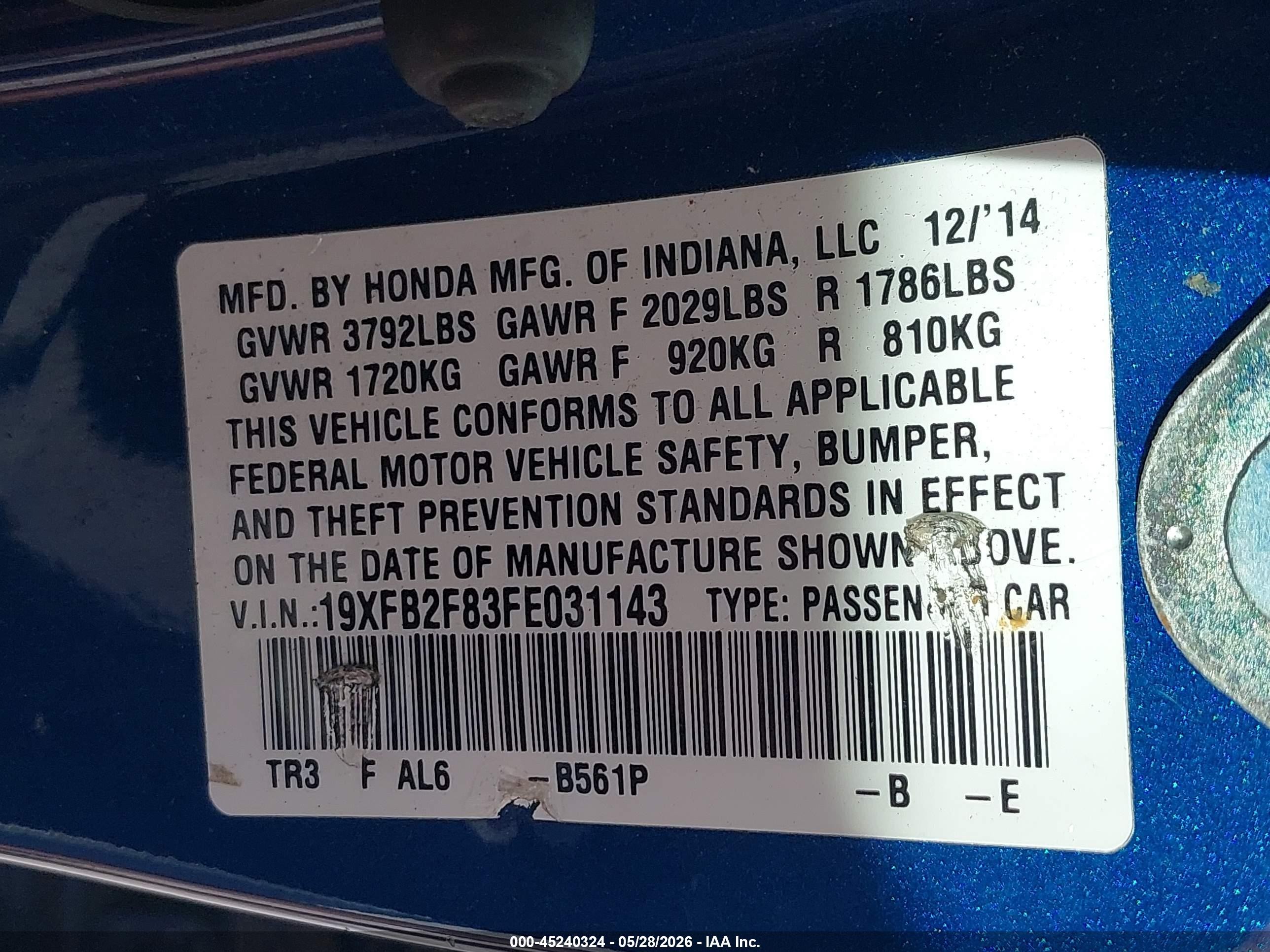 2015 Honda Civic Ex Blue vin: 19XFB2F83FE031143