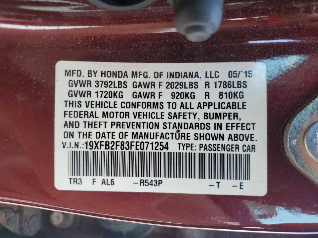 2015 Honda Civic Ex Burgundy vin: 19XFB2F83FE071254