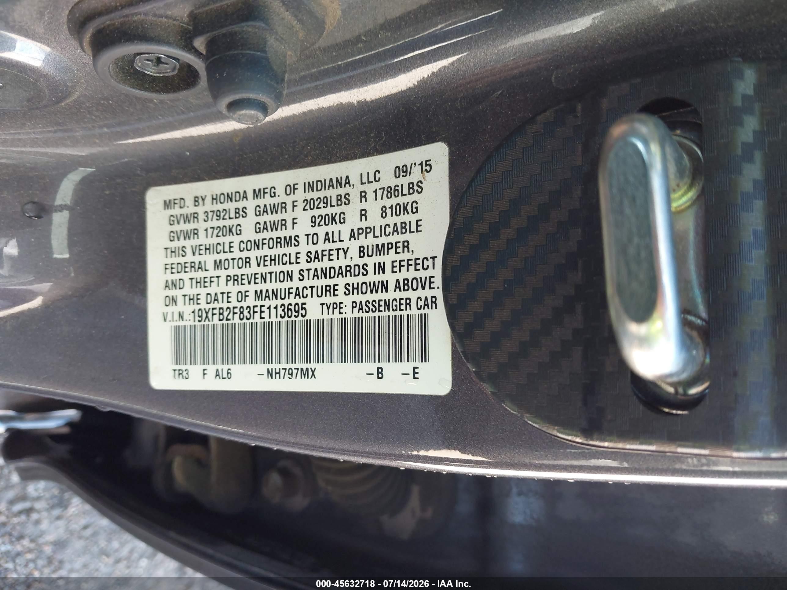 2015 Honda Civic Ex Gray vin: 19XFB2F83FE113695