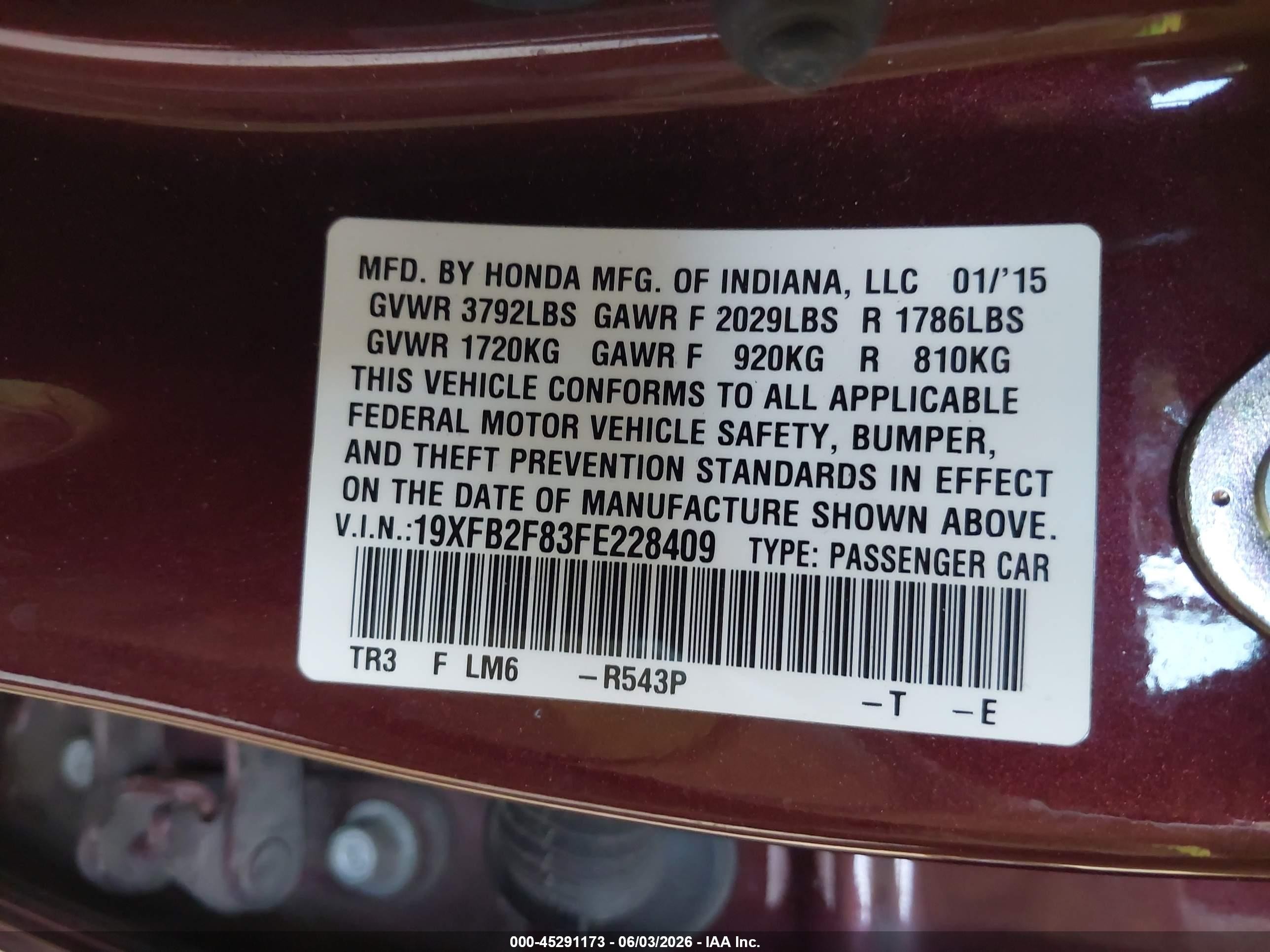 2015 Honda Civic Ex Maroon vin: 19XFB2F83FE228409