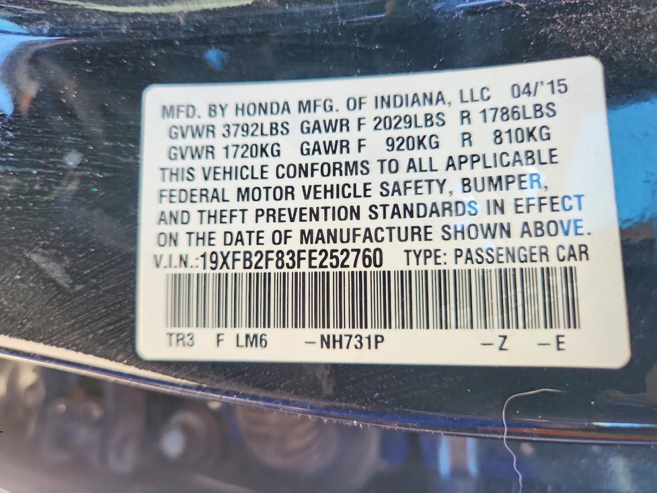 2015 Honda Civic Ex Black vin: 19XFB2F83FE252760