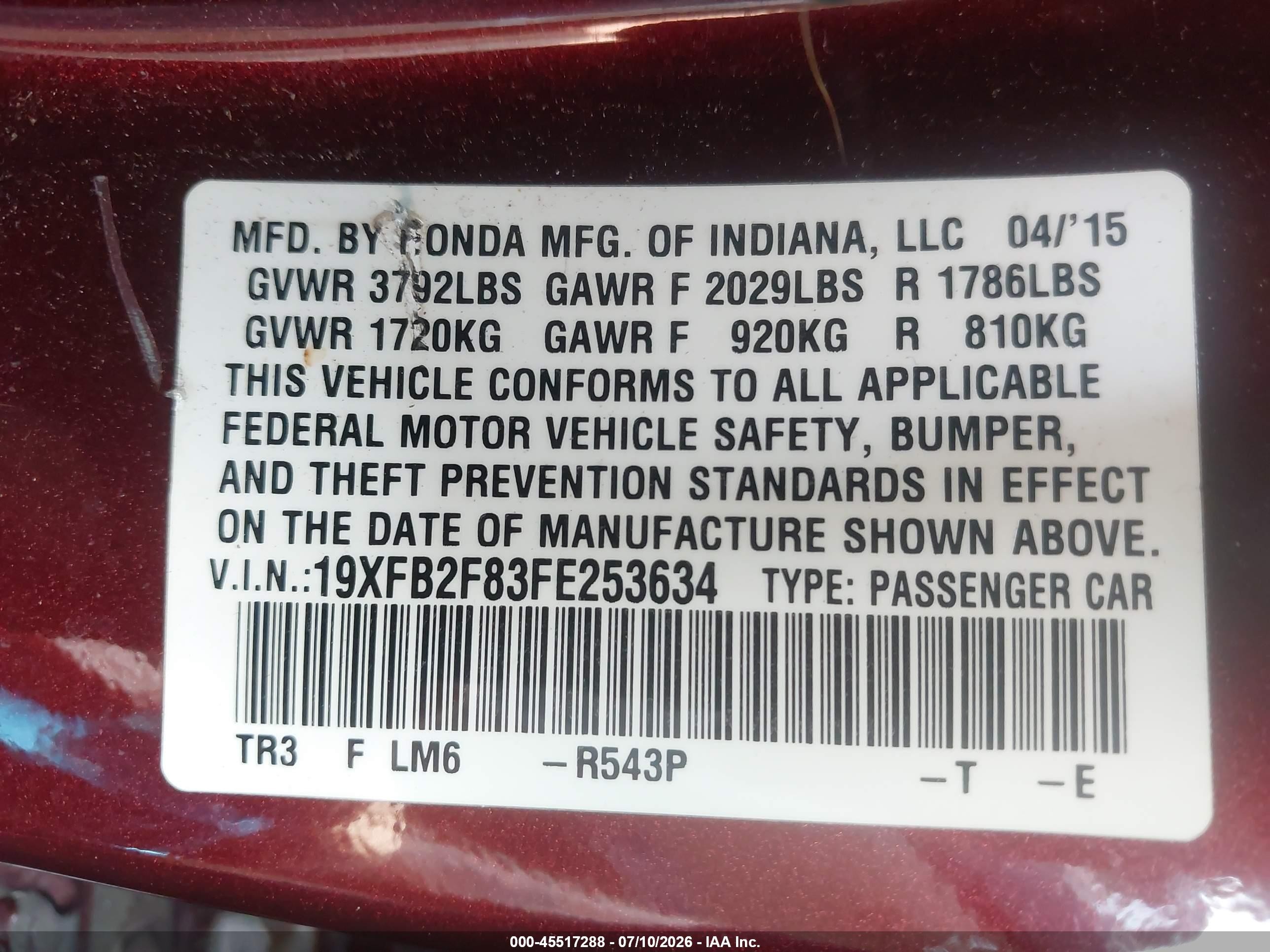 2015 Honda Civic Ex Burgundy vin: 19XFB2F83FE253634