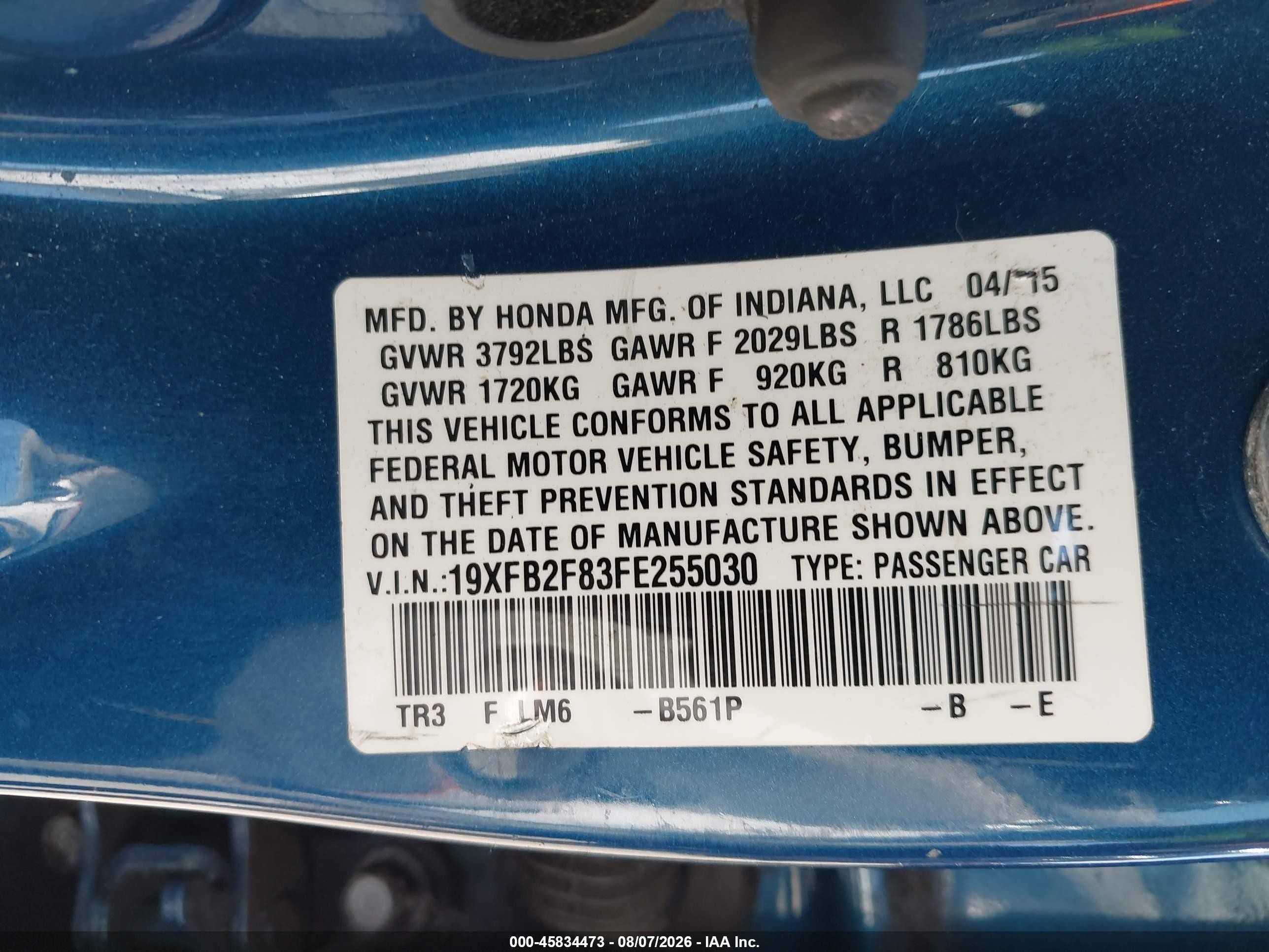 2015 Honda Civic Ex Blue vin: 19XFB2F83FE255030