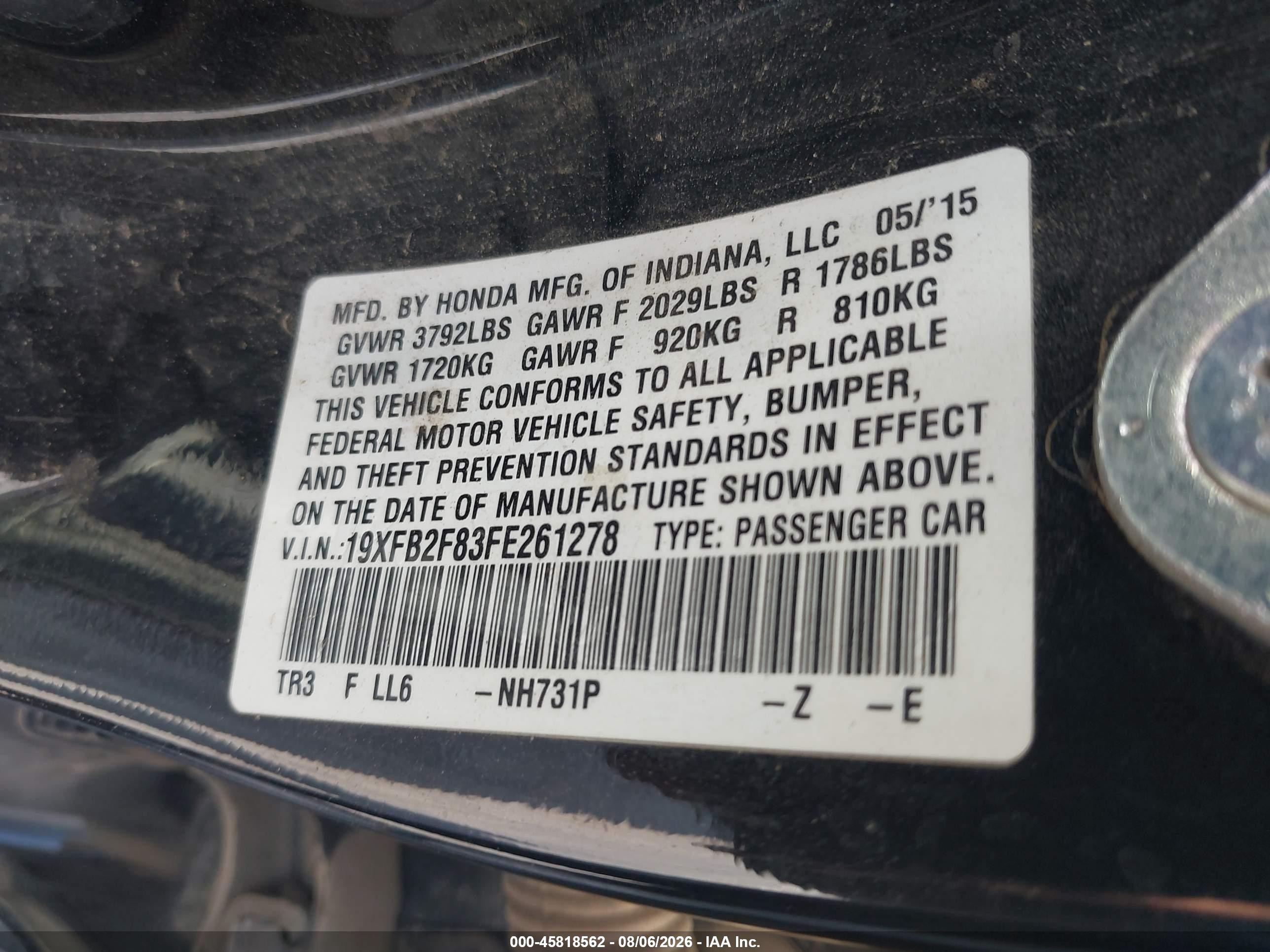 2015 Honda Civic Ex Black vin: 19XFB2F83FE261278