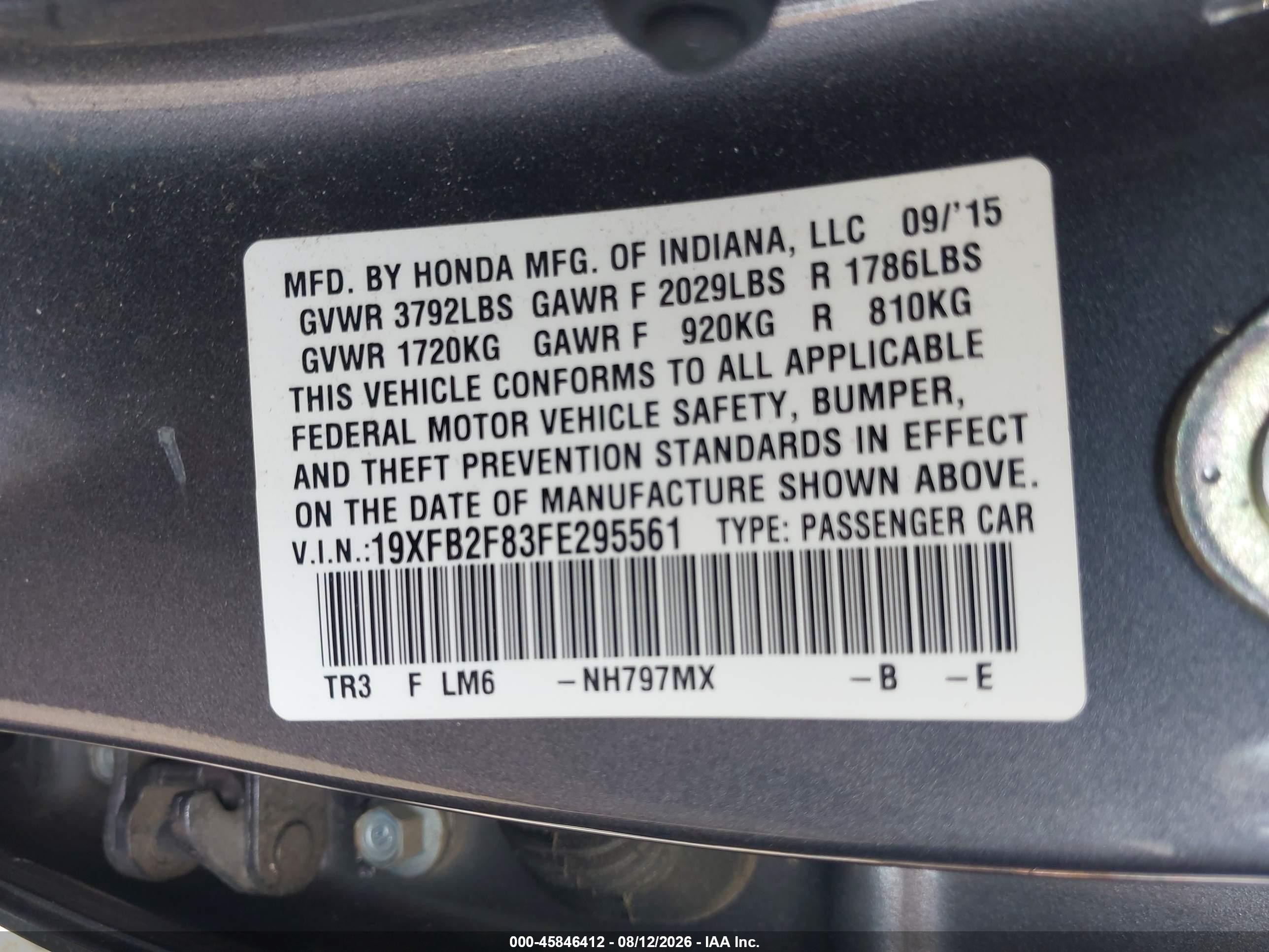 2015 Honda Civic Ex Gray vin: 19XFB2F83FE295561
