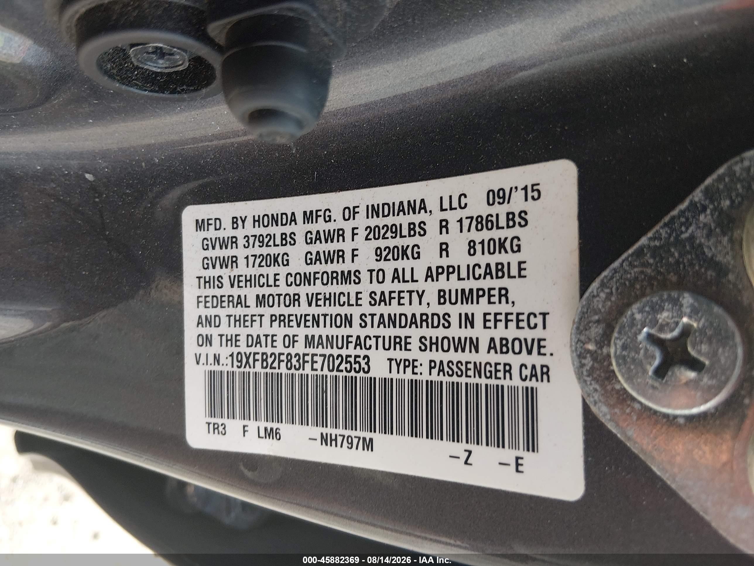 2015 Honda Civic Ex Gray vin: 19XFB2F83FE702553