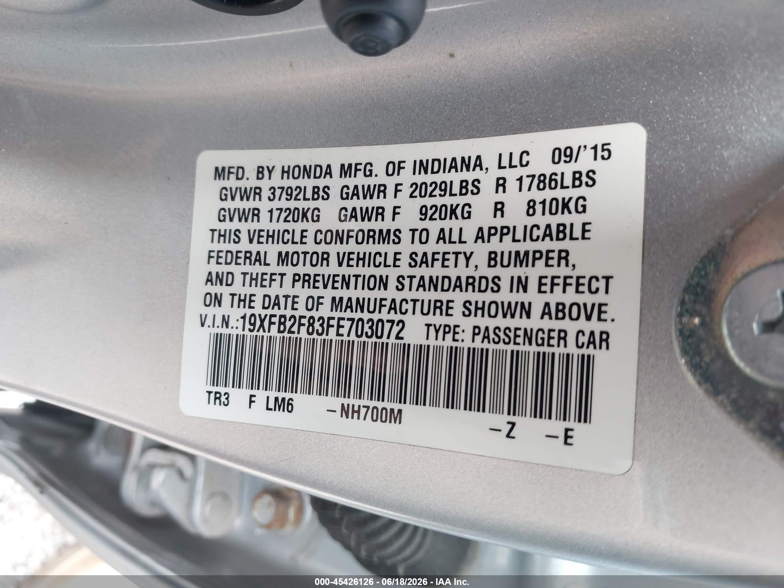2015 Honda Civic Ex Silver vin: 19XFB2F83FE703072