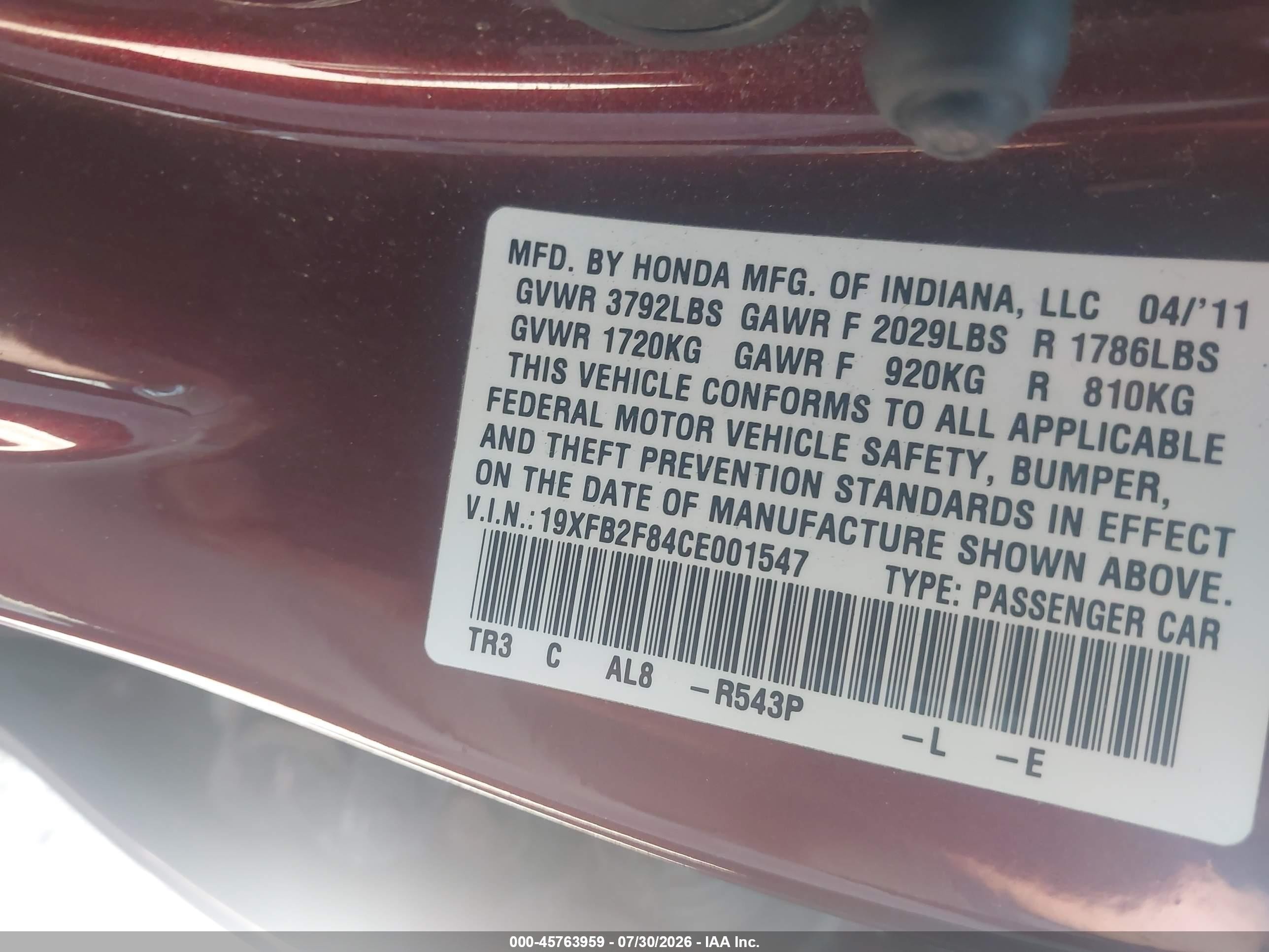 2012 Honda Civic Ex Burgundy vin: 19XFB2F84CE001547