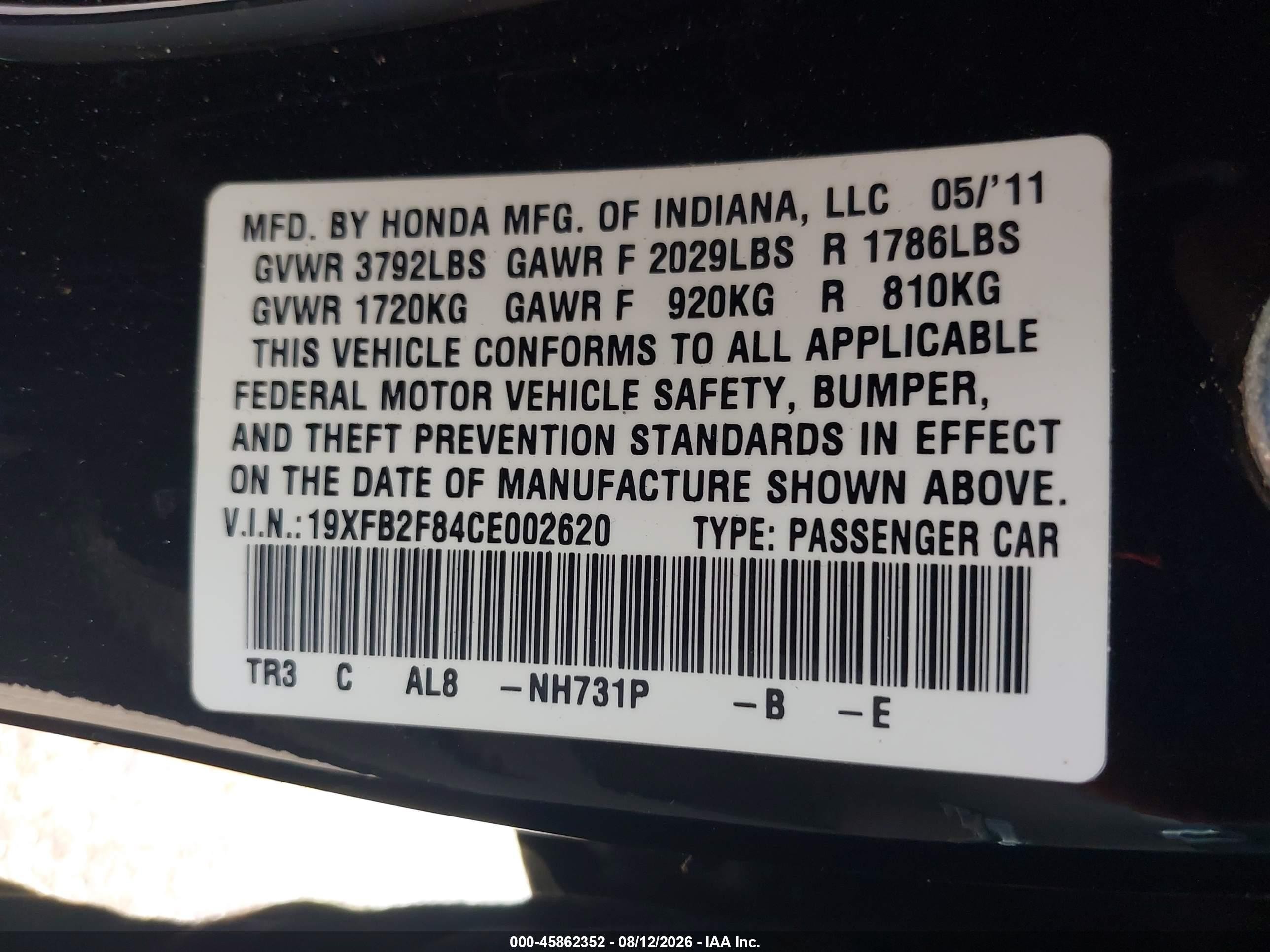 2012 Honda Civic Ex Black vin: 19XFB2F84CE002620