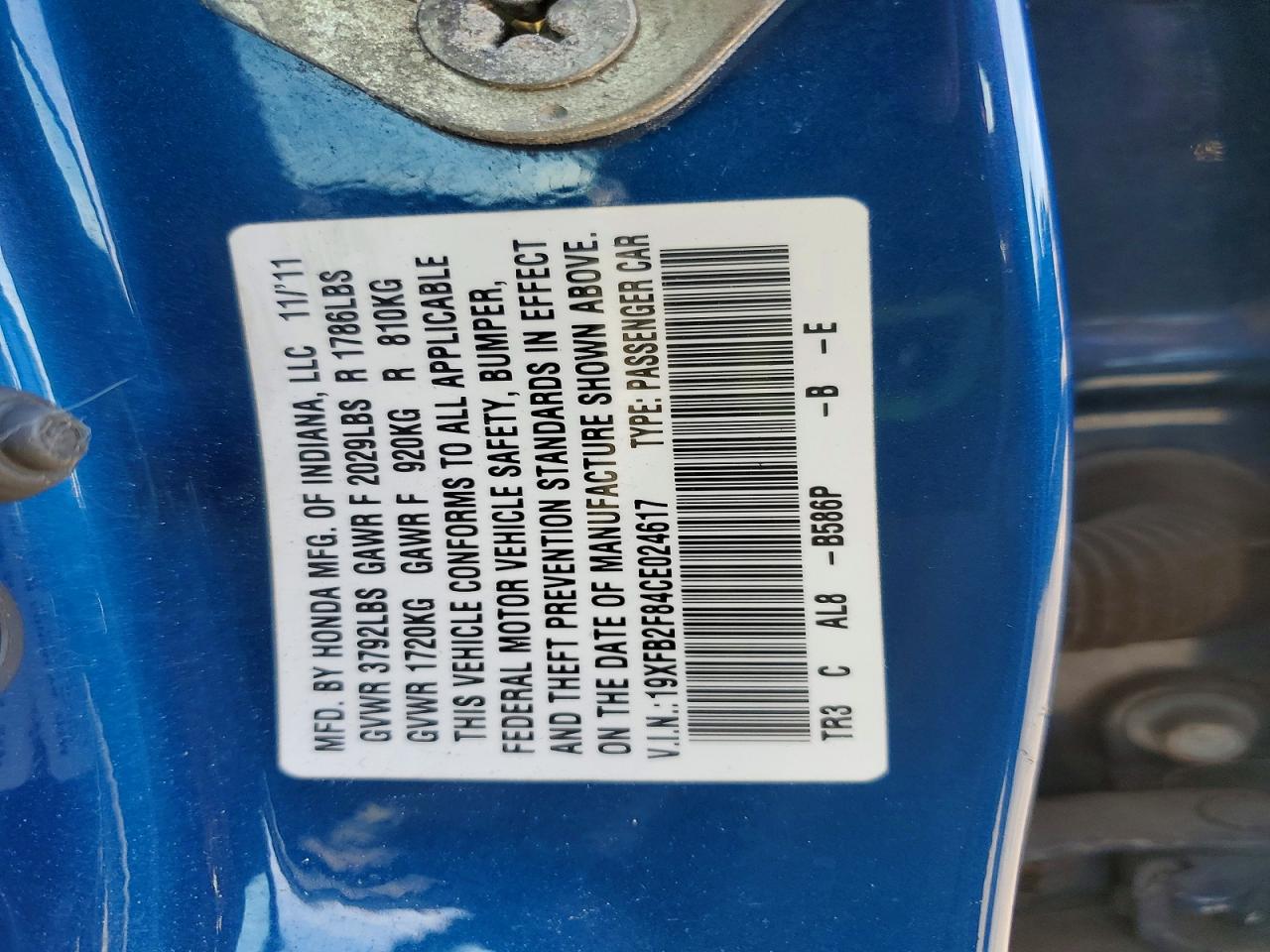 2012 Honda Civic Ex Blue vin: 19XFB2F84CE024617