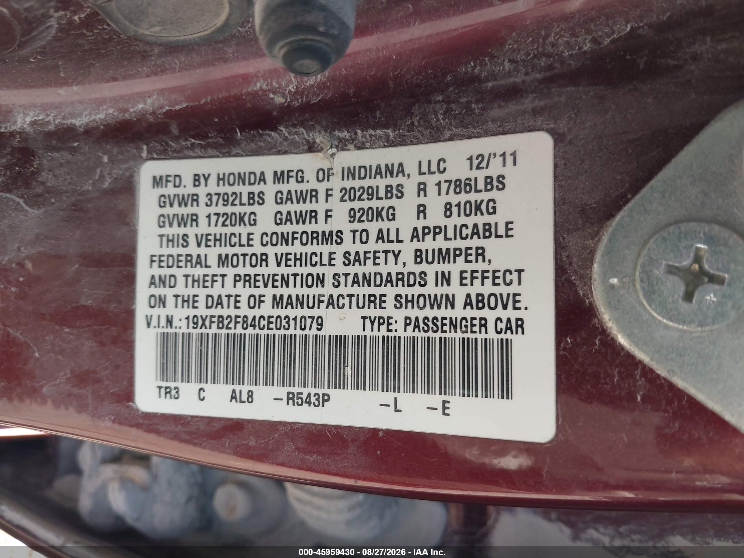 2012 Honda Civic Ex Burgundy vin: 19XFB2F84CE031079
