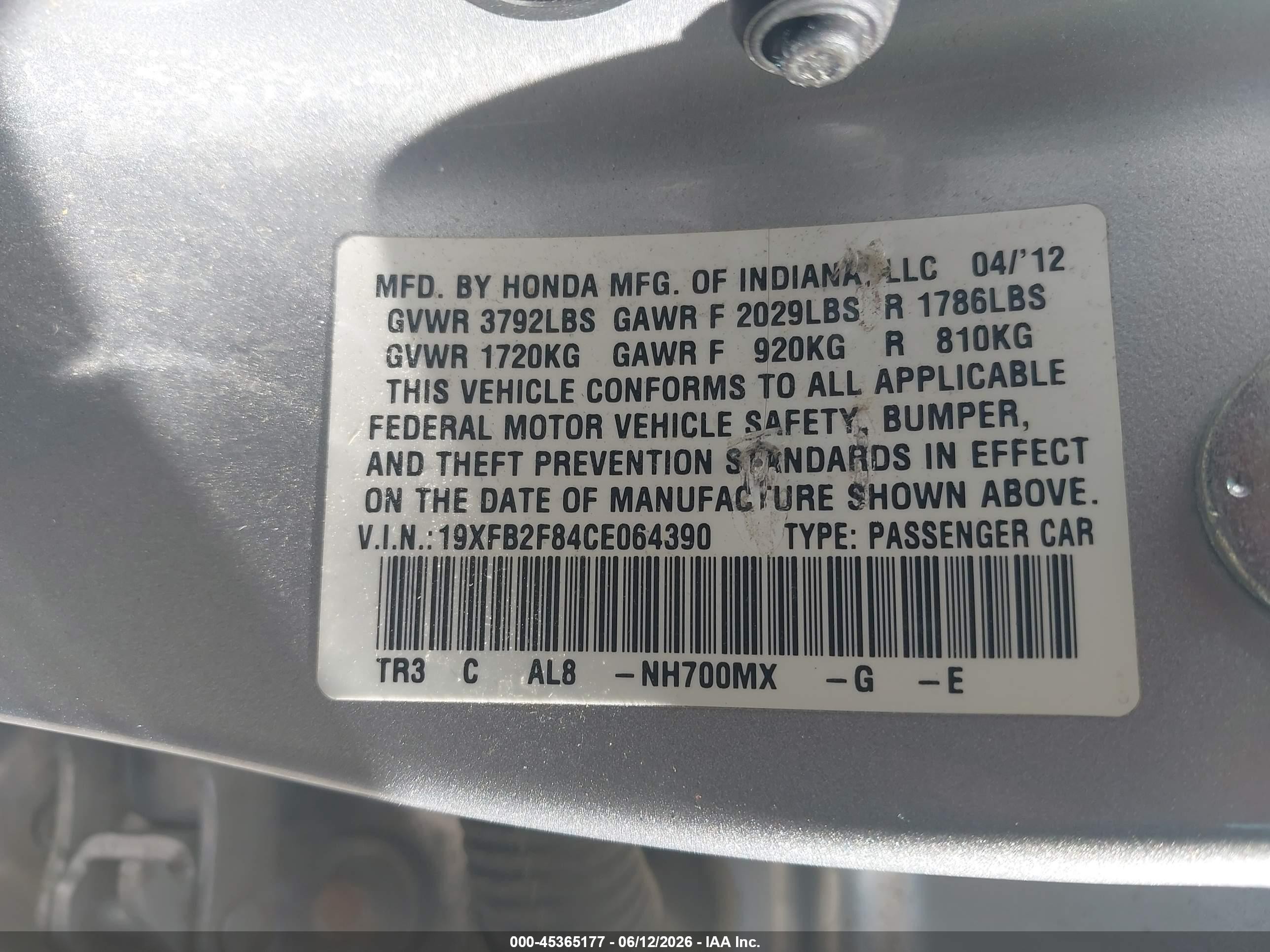 2012 Honda Civic Ex Silver vin: 19XFB2F84CE064390