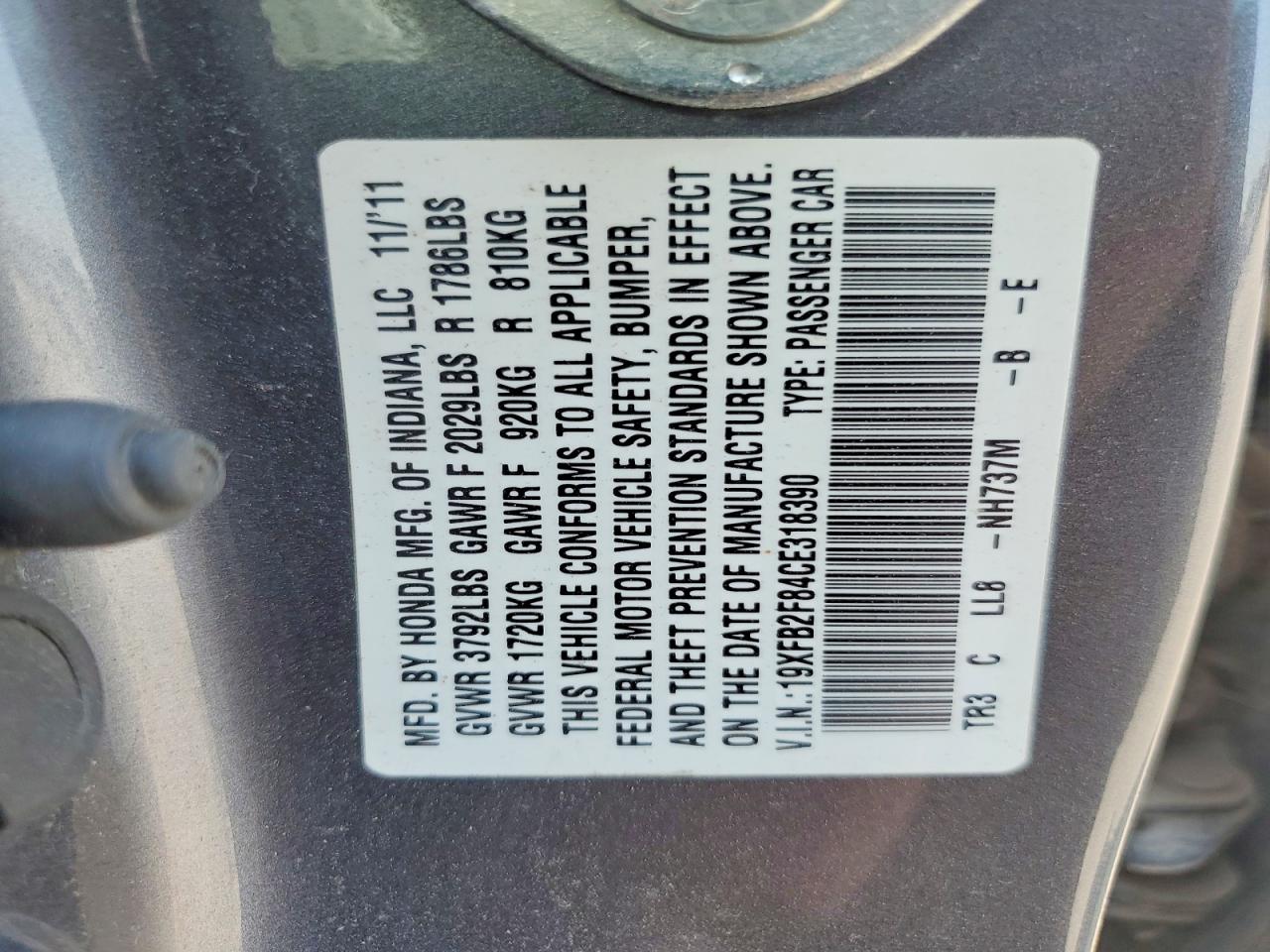 2012 Honda Civic Ex Gray vin: 19XFB2F84CE318390
