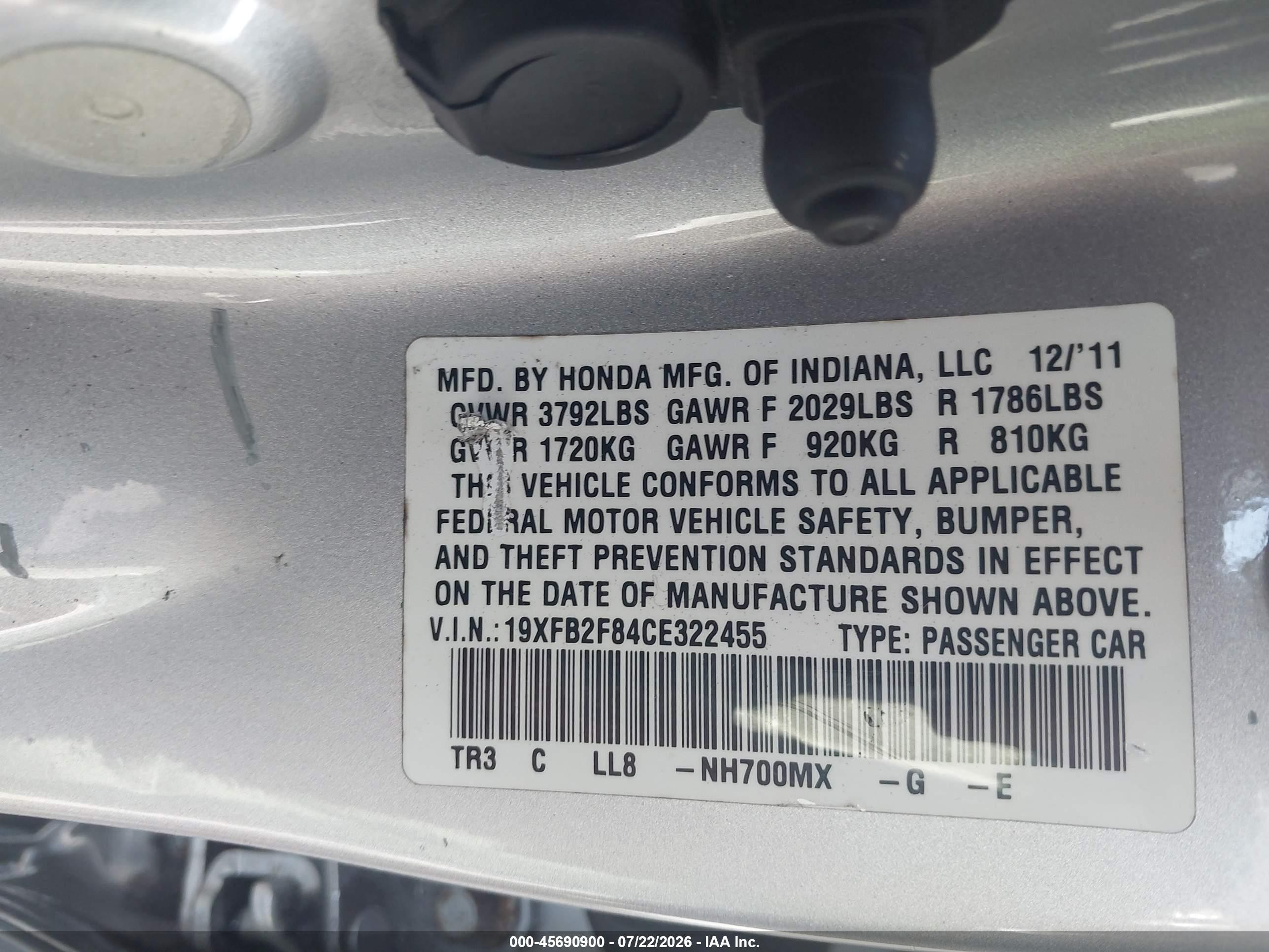 2012 Honda Civic Ex Silver vin: 19XFB2F84CE322455
