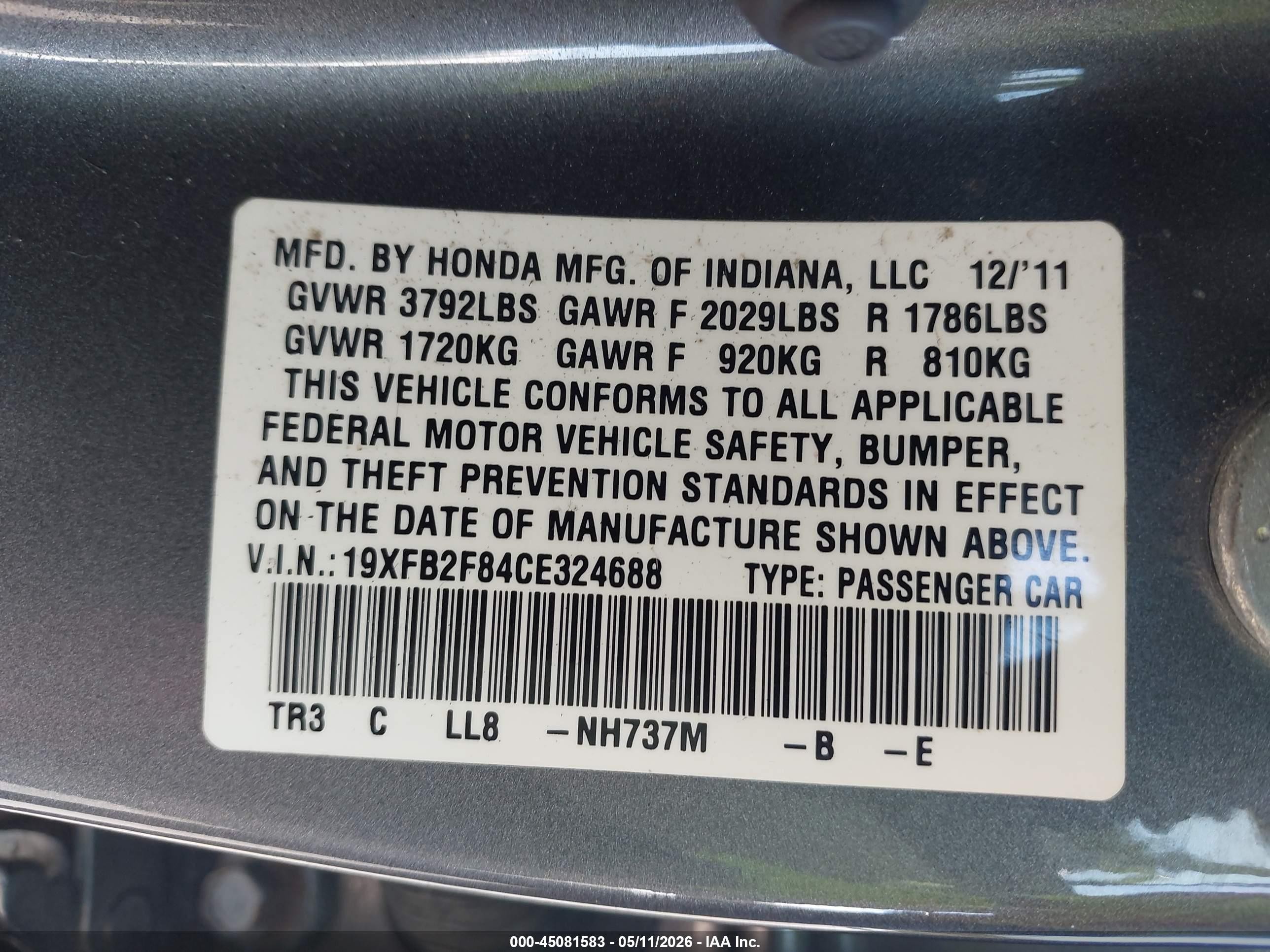 2012 Honda Civic Ex Gray vin: 19XFB2F84CE324688