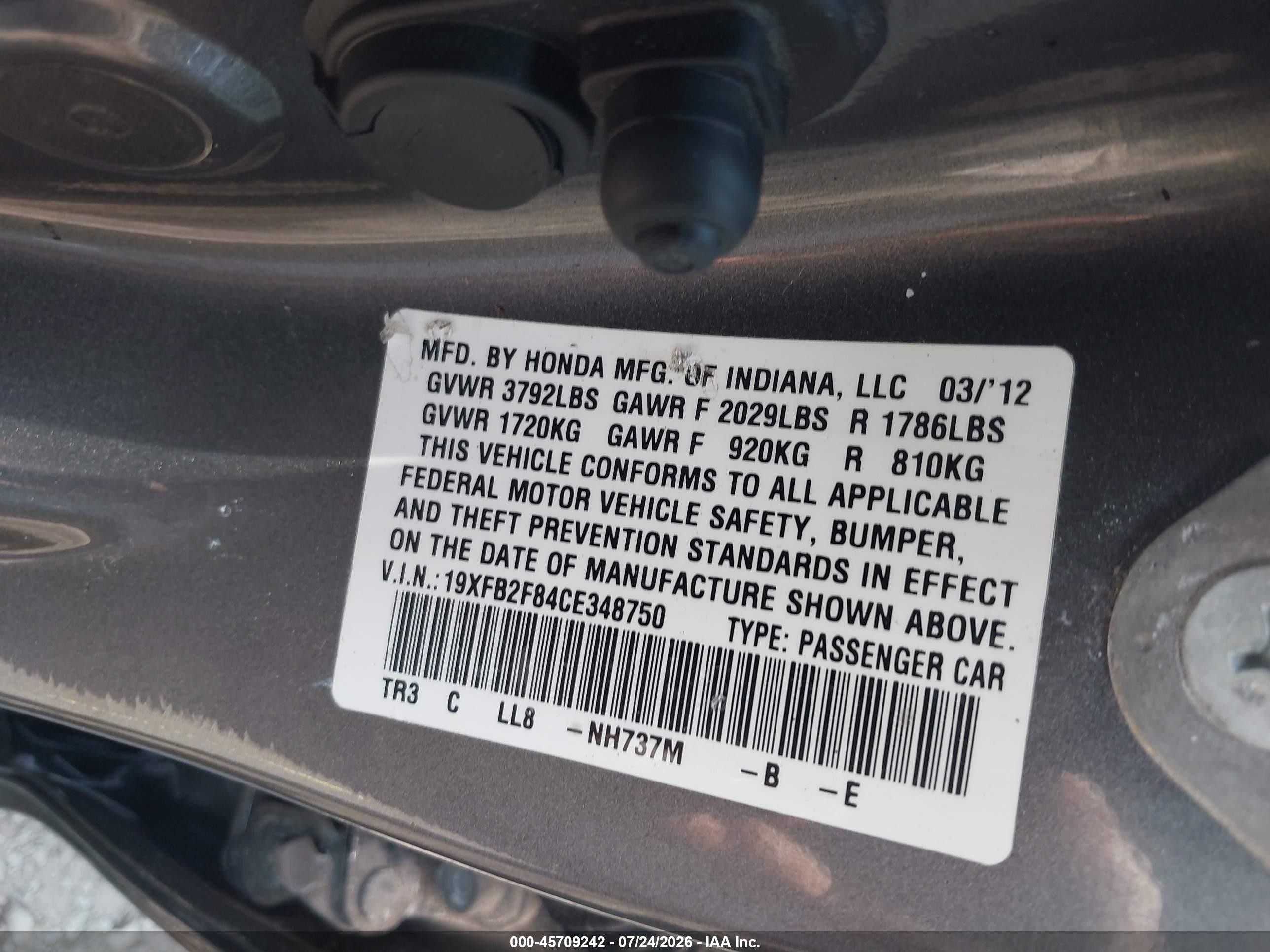 2012 Honda Civic Ex Gray vin: 19XFB2F84CE348750