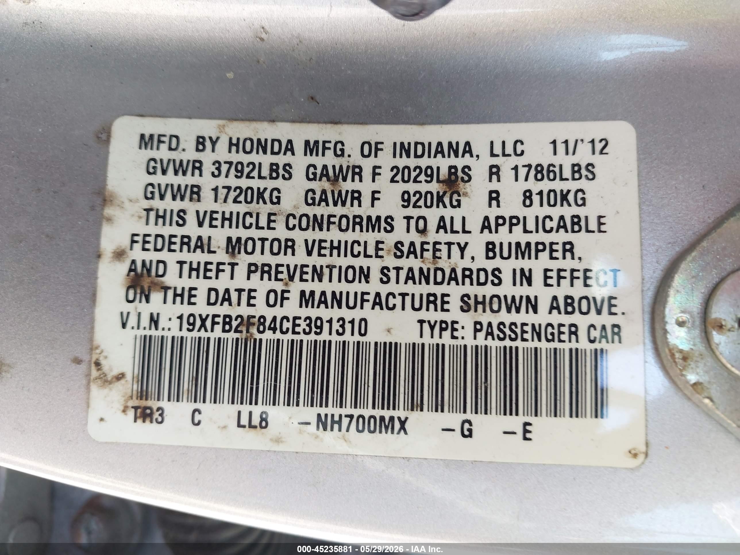 2012 Honda Civic Ex Silver vin: 19XFB2F84CE391310