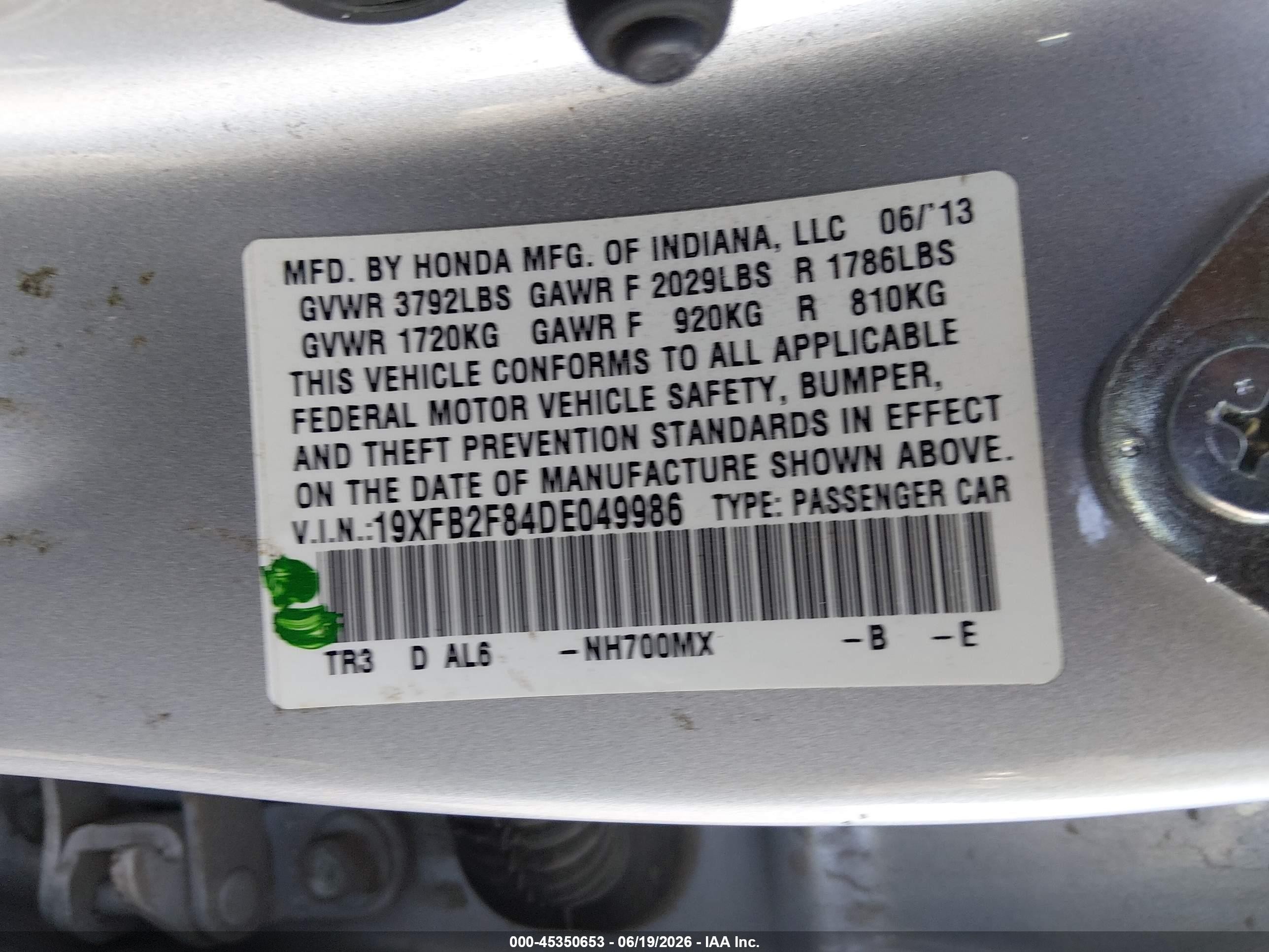 2013 Honda Civic Ex Silver vin: 19XFB2F84DE049986