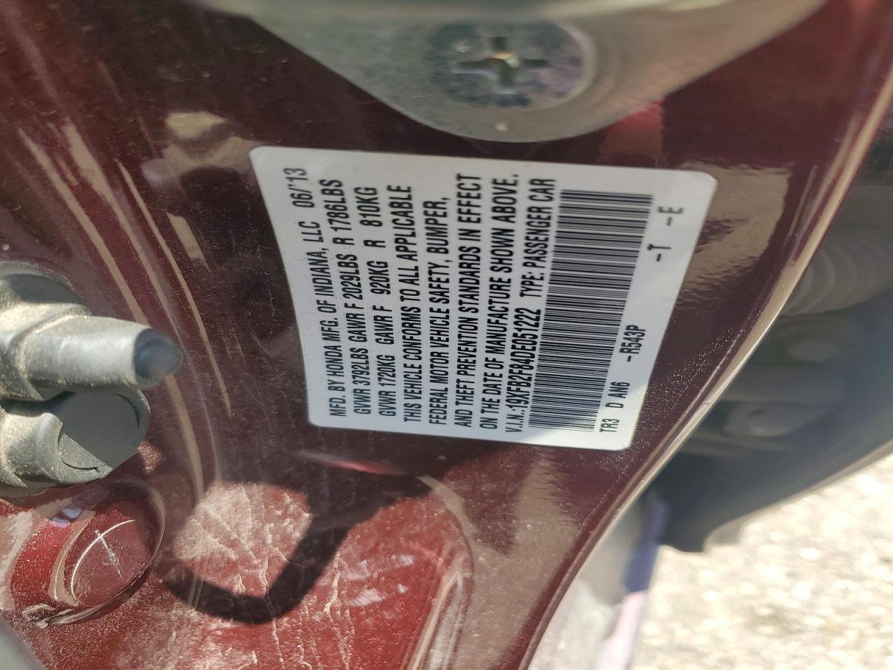 2013 Honda Civic Ex Burgundy vin: 19XFB2F84DE051222