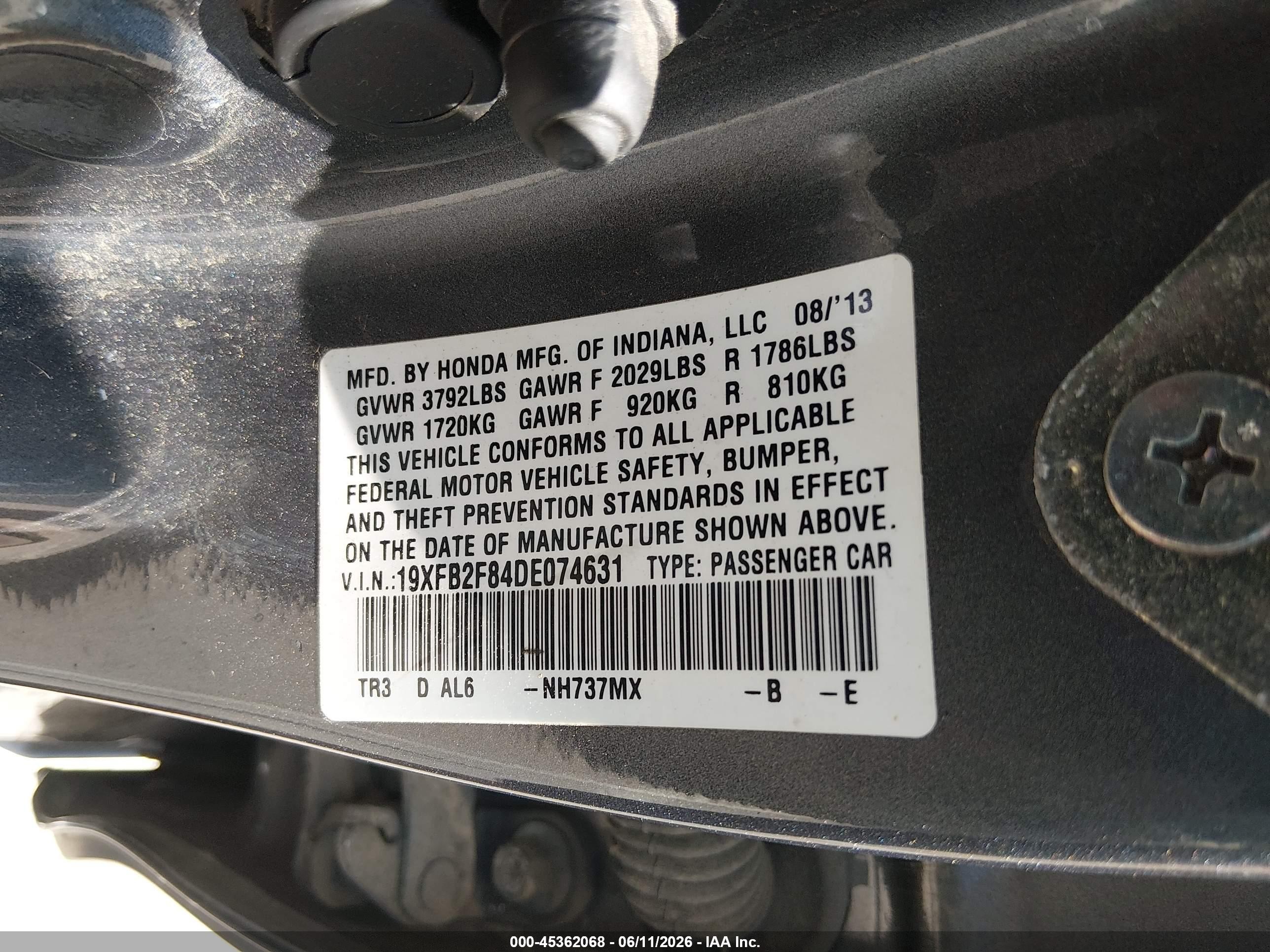 2013 Honda Civic Ex Gray vin: 19XFB2F84DE074631