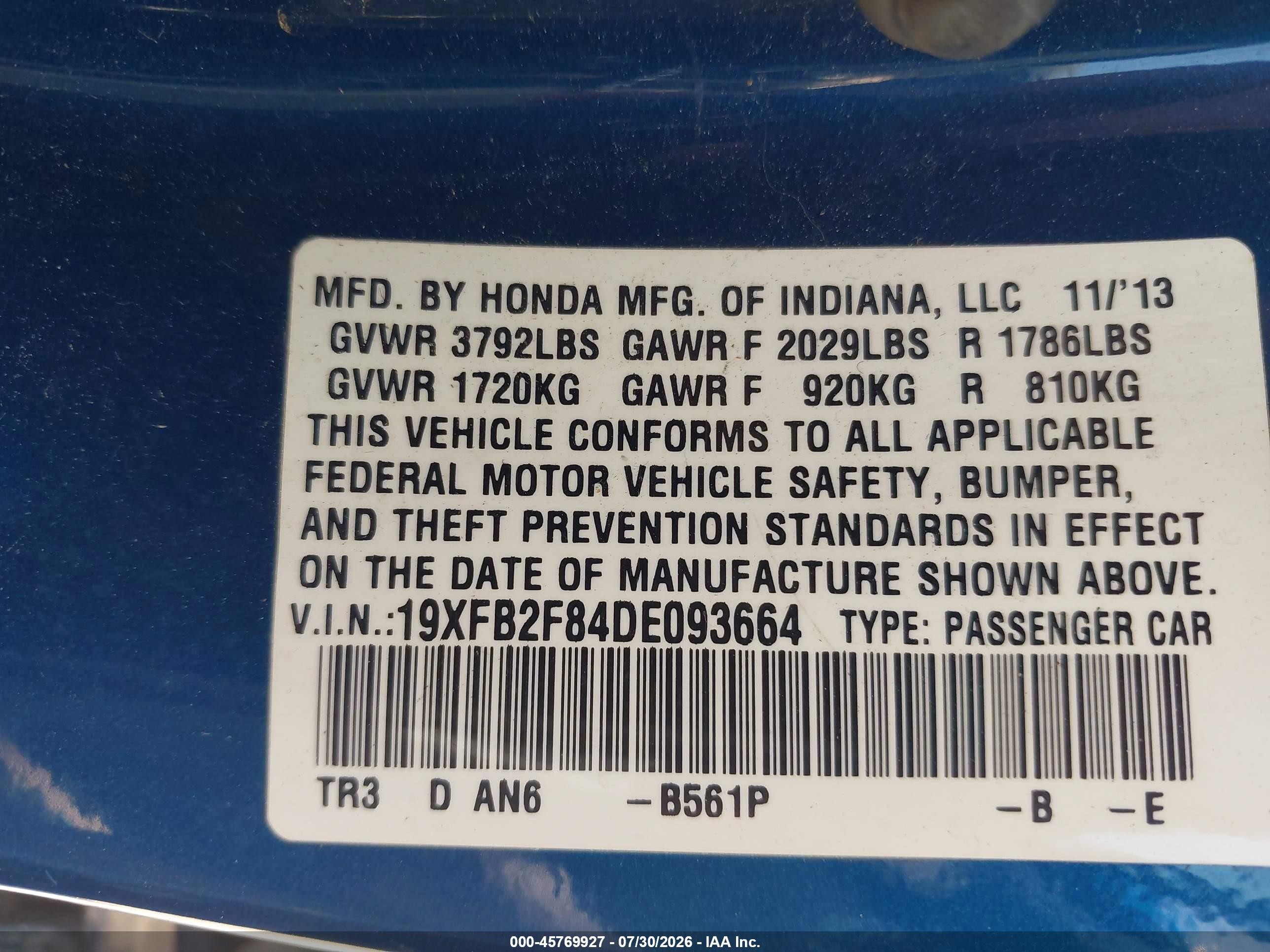 2013 Honda Civic Ex Blue vin: 19XFB2F84DE093664