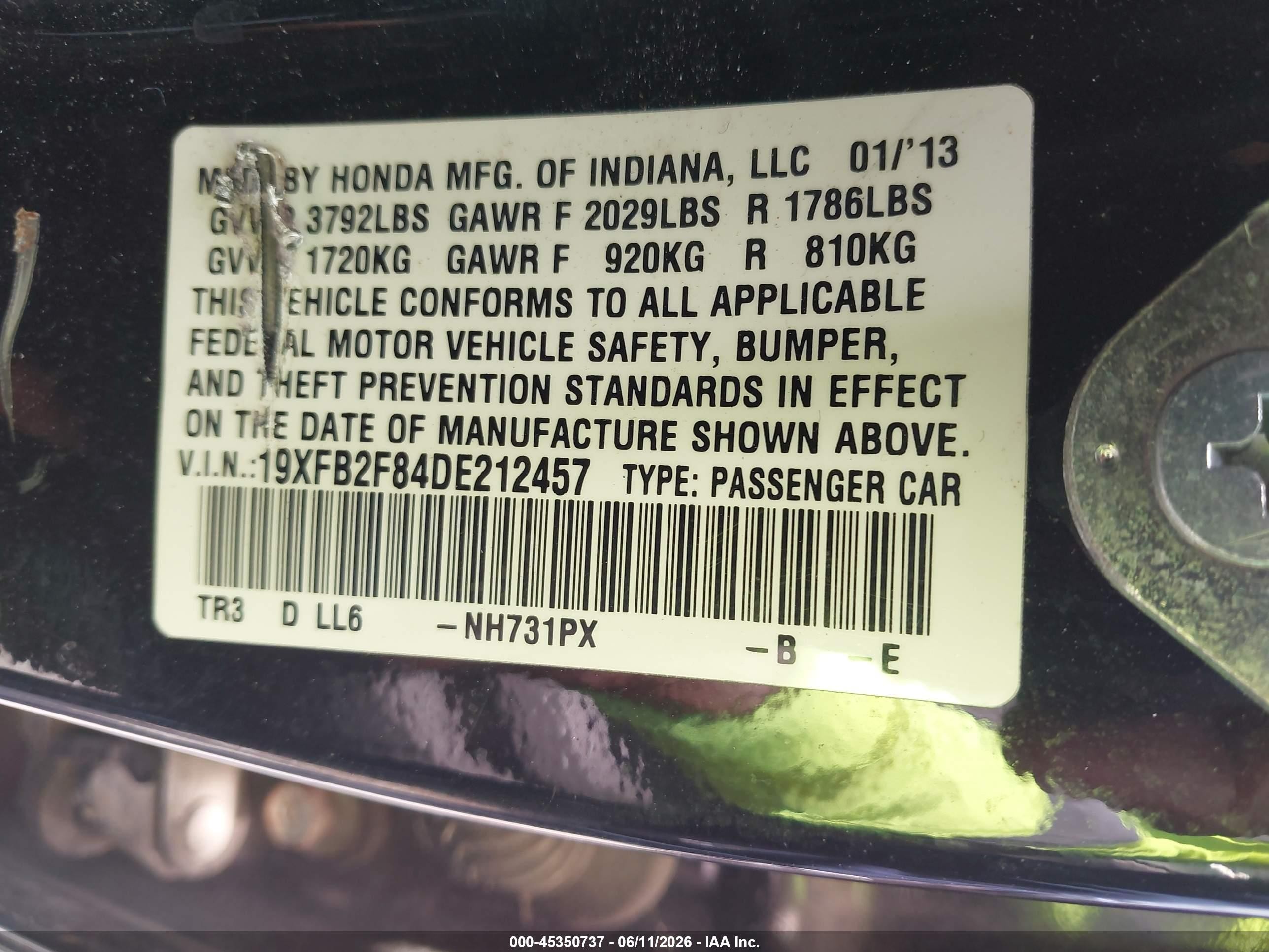 2013 Honda Civic Ex Black vin: 19XFB2F84DE212457