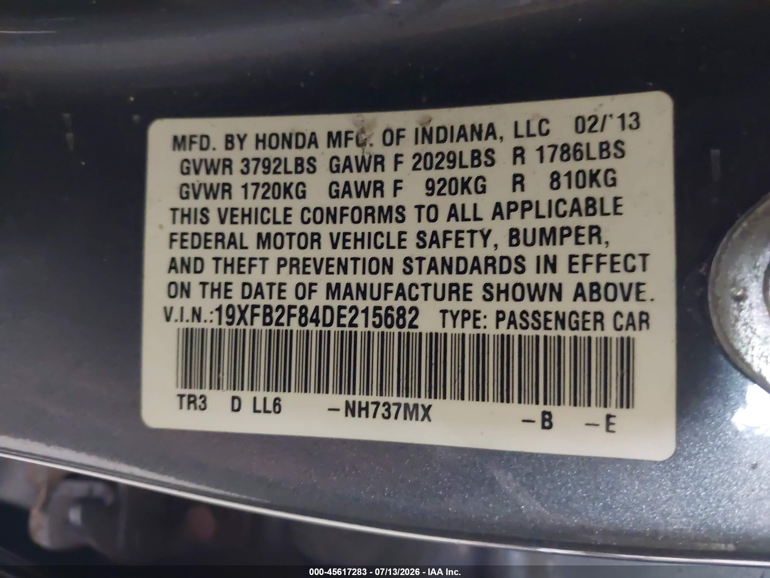 2013 Honda Civic Ex Gray vin: 19XFB2F84DE215682