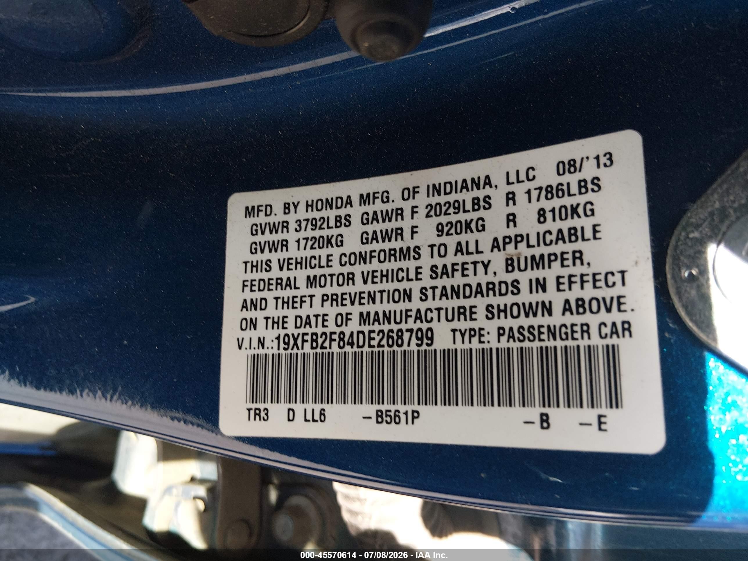 2013 Honda Civic Ex Blue vin: 19XFB2F84DE268799