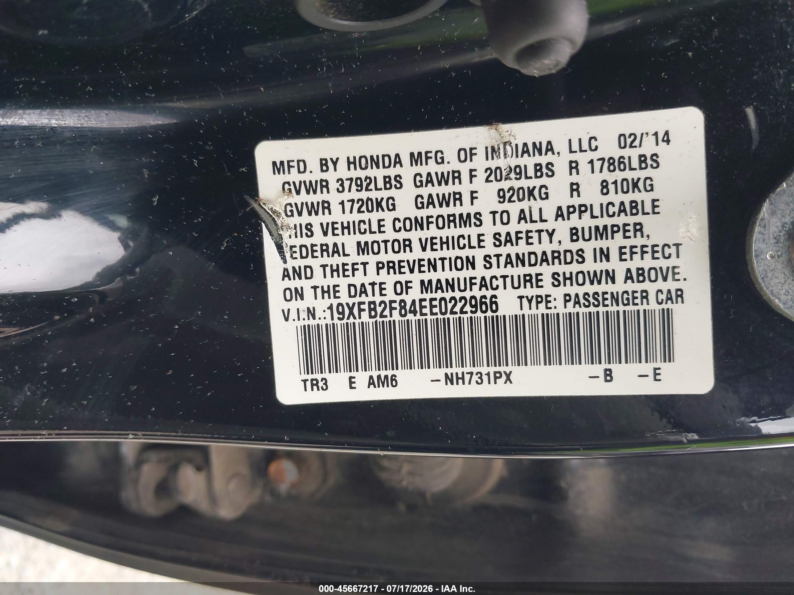 2014 Honda Civic Ex Black vin: 19XFB2F84EE022966
