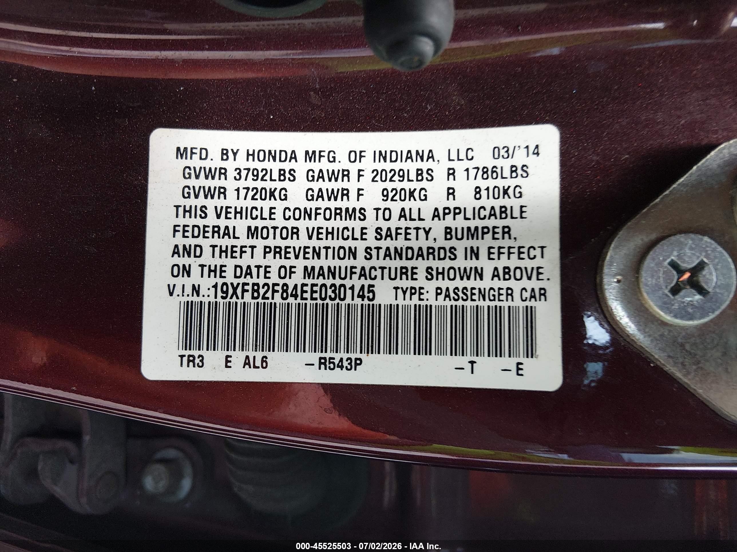 2014 Honda Civic Ex Burgundy vin: 19XFB2F84EE030145