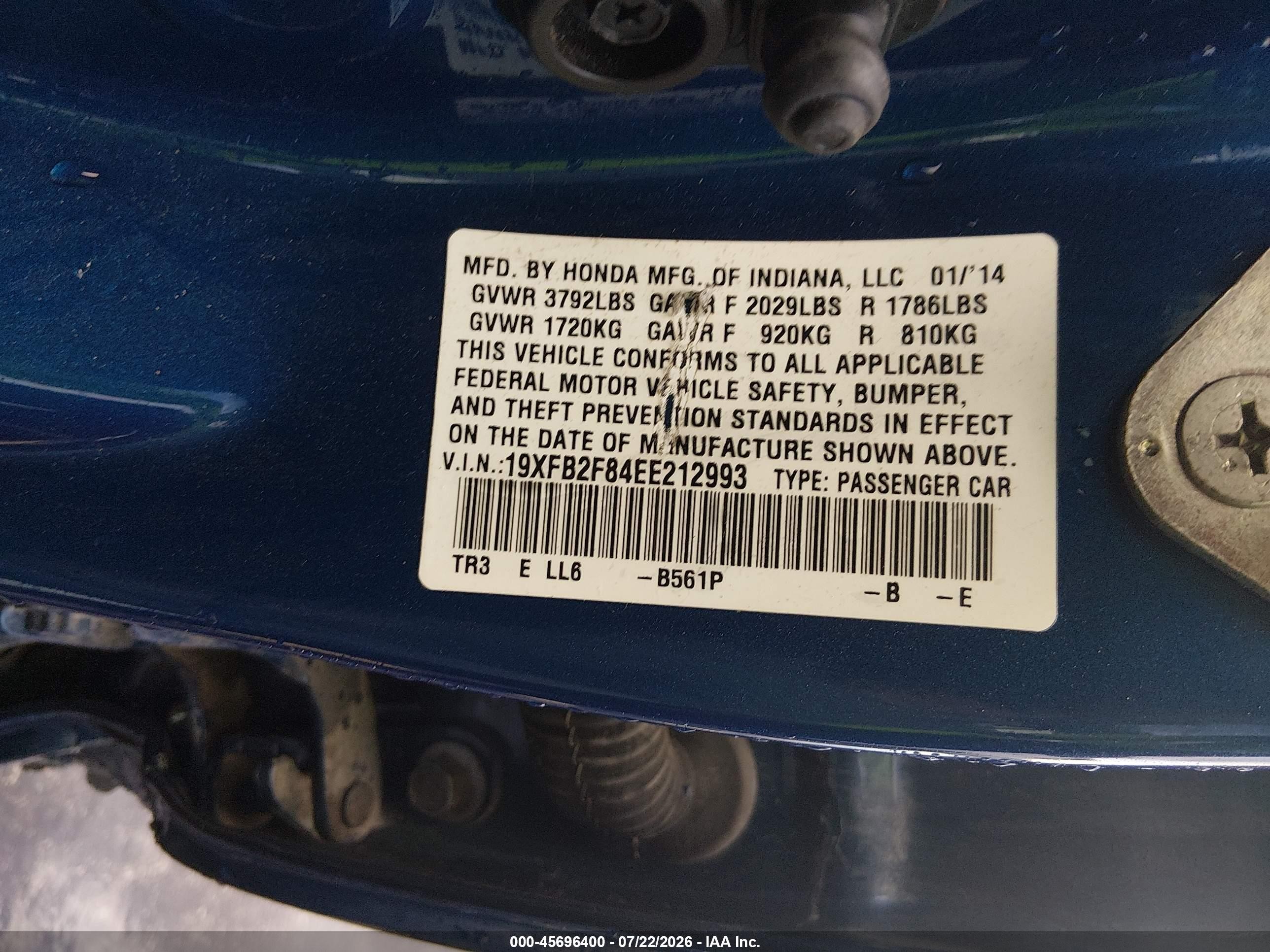 2014 Honda Civic Ex Blue vin: 19XFB2F84EE212993