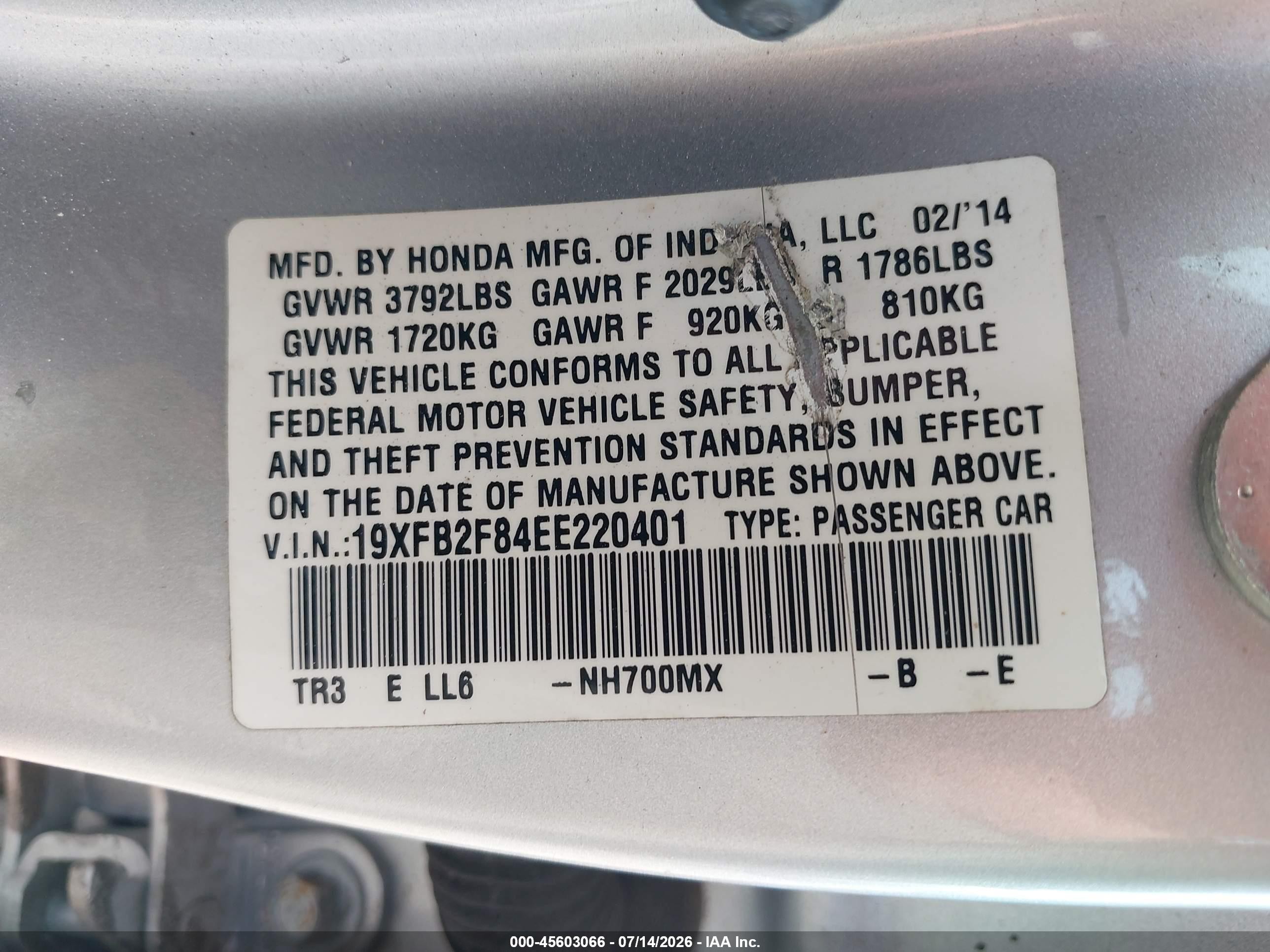 2014 Honda Civic Ex Silver vin: 19XFB2F84EE220401