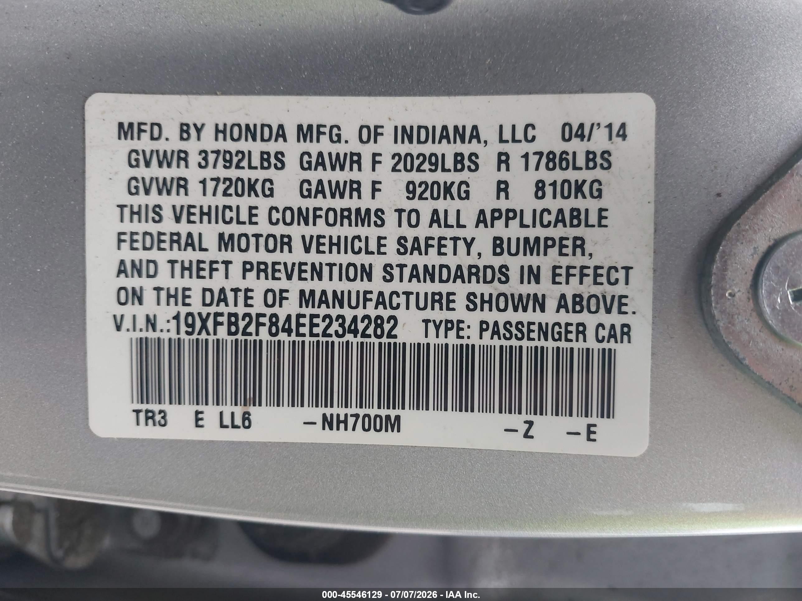2014 Honda Civic Ex Silver vin: 19XFB2F84EE234282