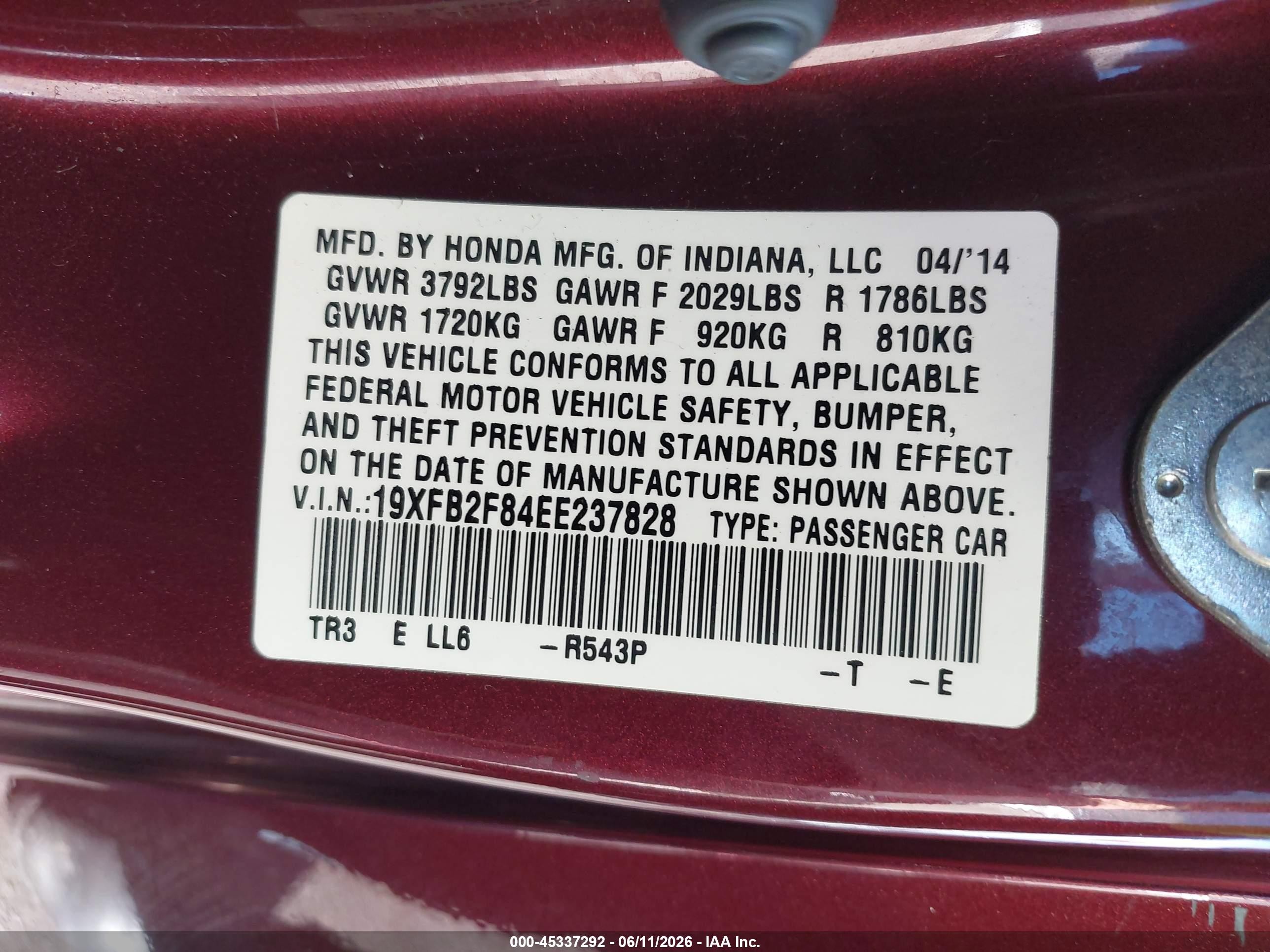 2014 Honda Civic Ex Maroon vin: 19XFB2F84EE237828