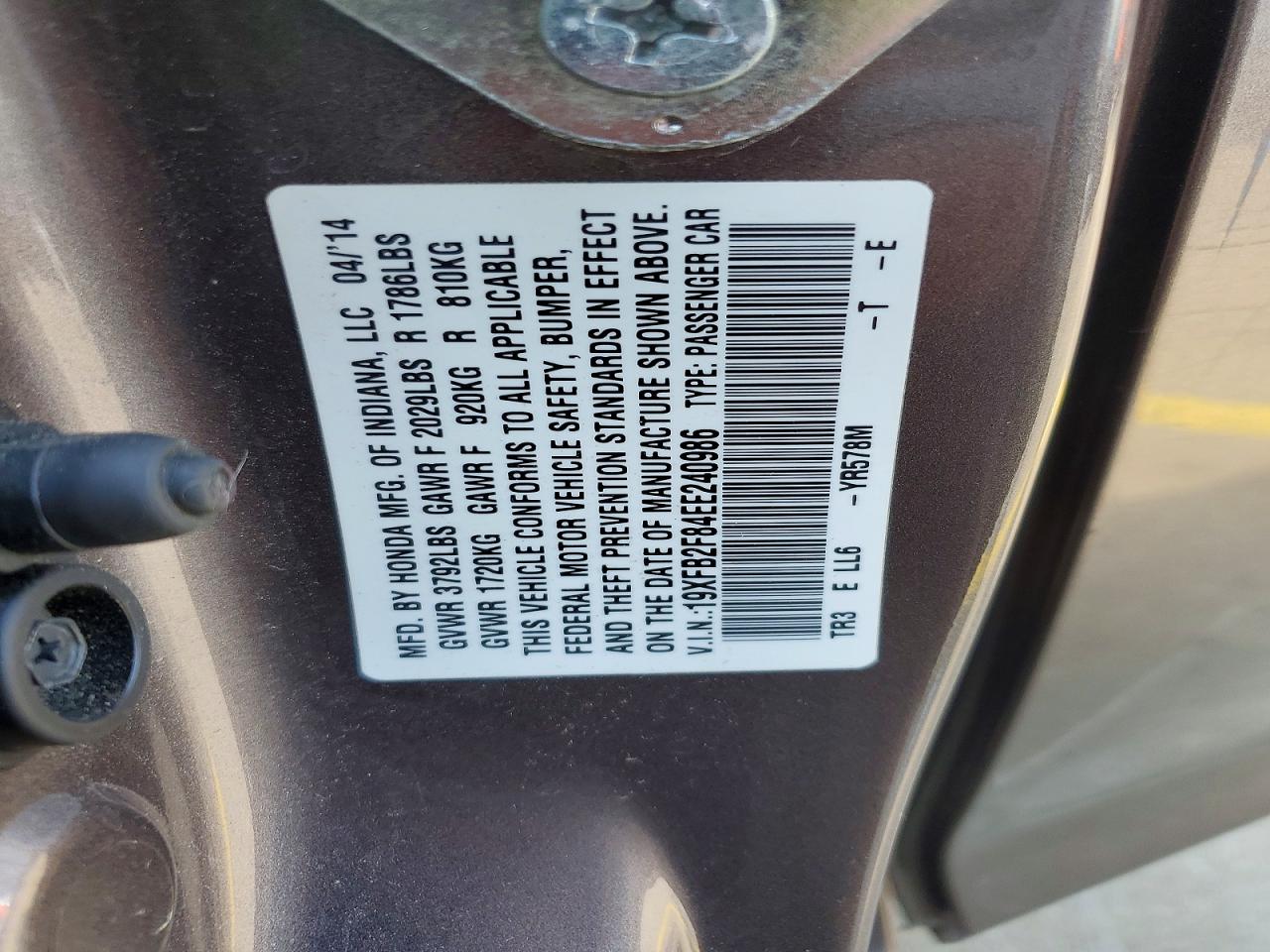 2014 Honda Civic Ex Charcoal vin: 19XFB2F84EE240986