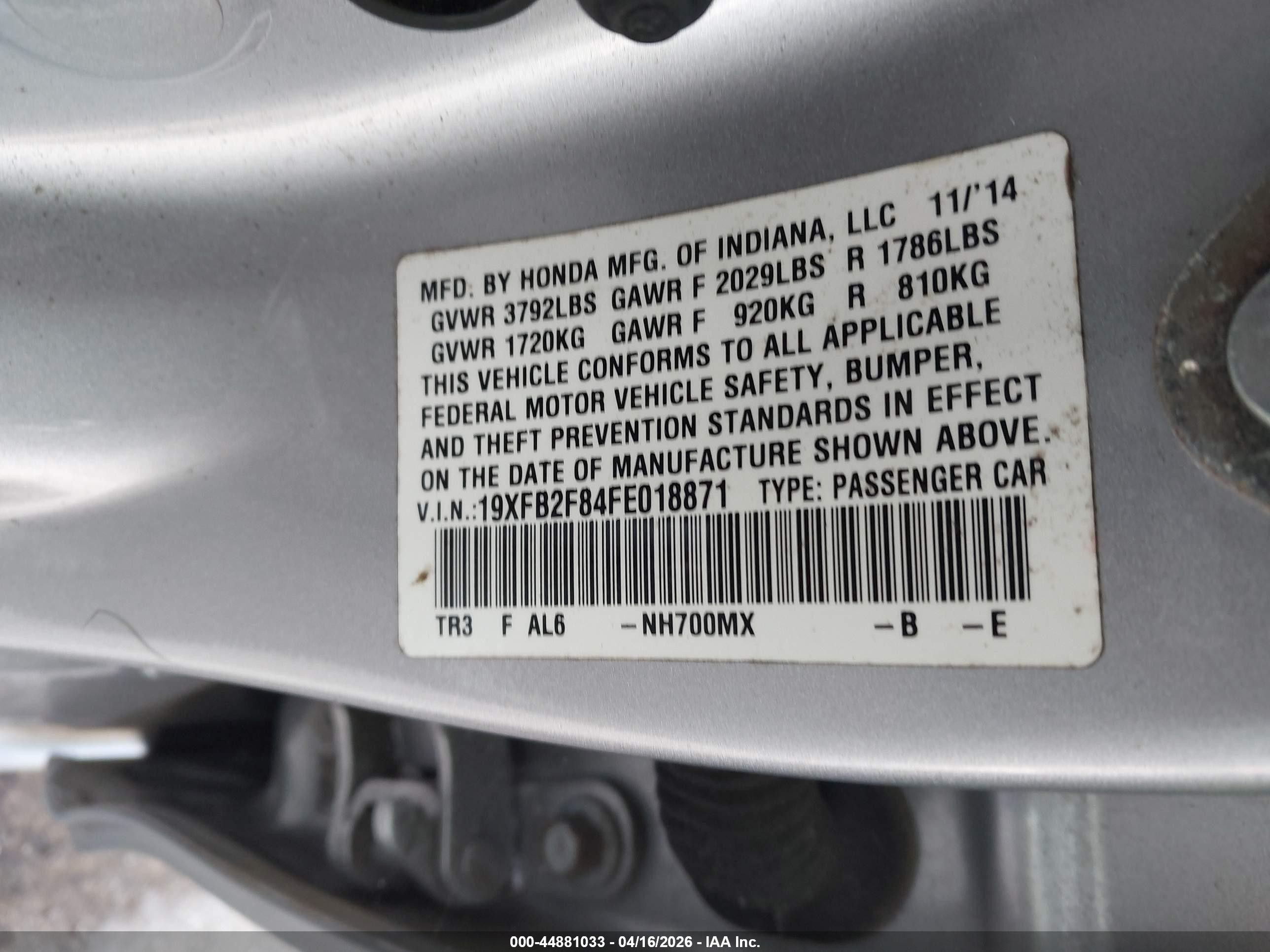 2015 Honda Civic Ex Серебряный vin: 19XFB2F84FE018871